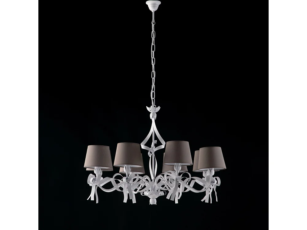 Lucy kroonluchter Ø84 cm wit ijzer, shabby stijl, grijze kapjes PVC, 8xE14 – BL184-8-BCO