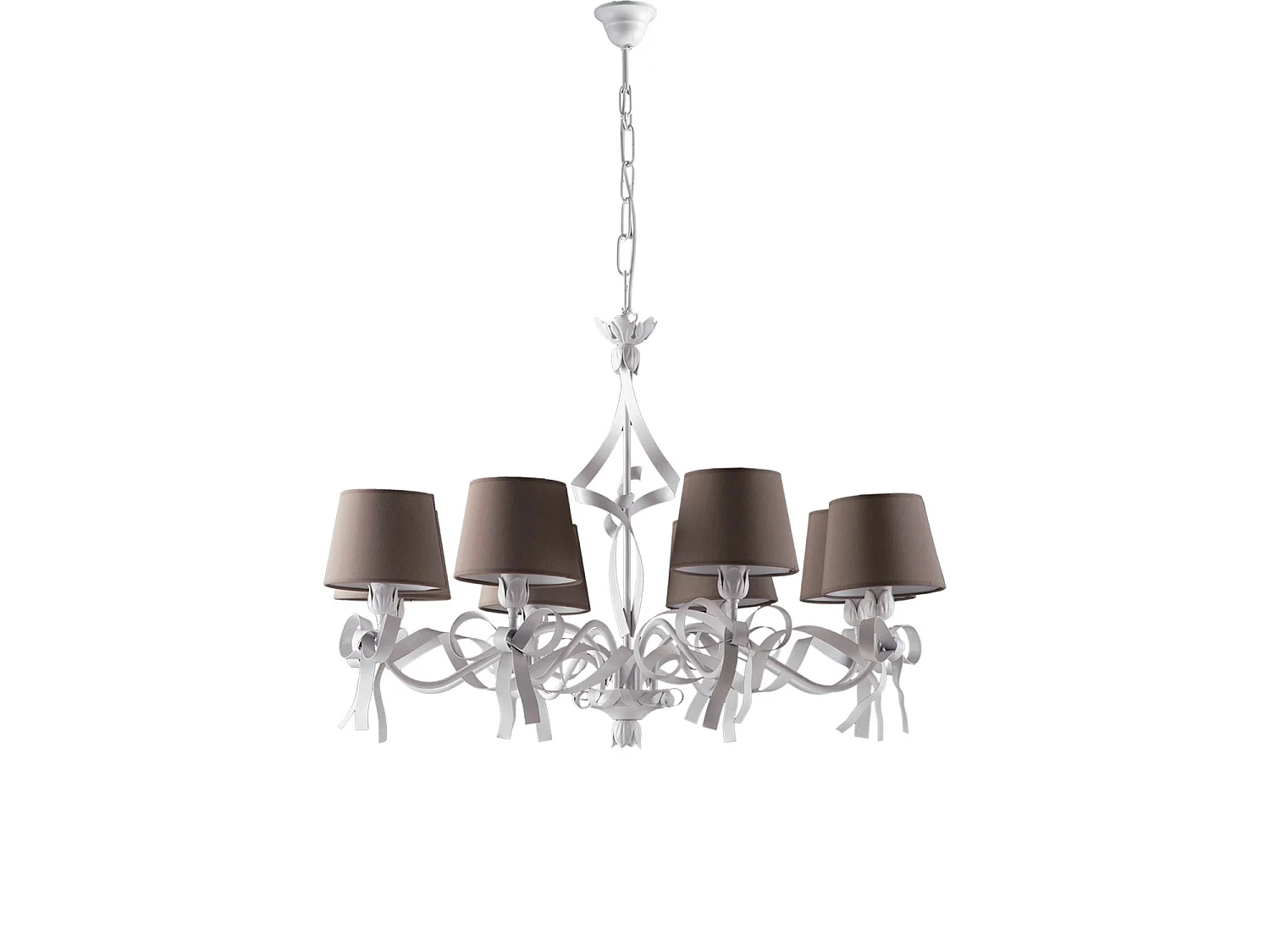 Lucy - White lacquered iron chandelier with shabby chic decoration and dove-grey PVC lampshades, 8 lights, 119 cm - Ø84 cm - BL184-8-BCO