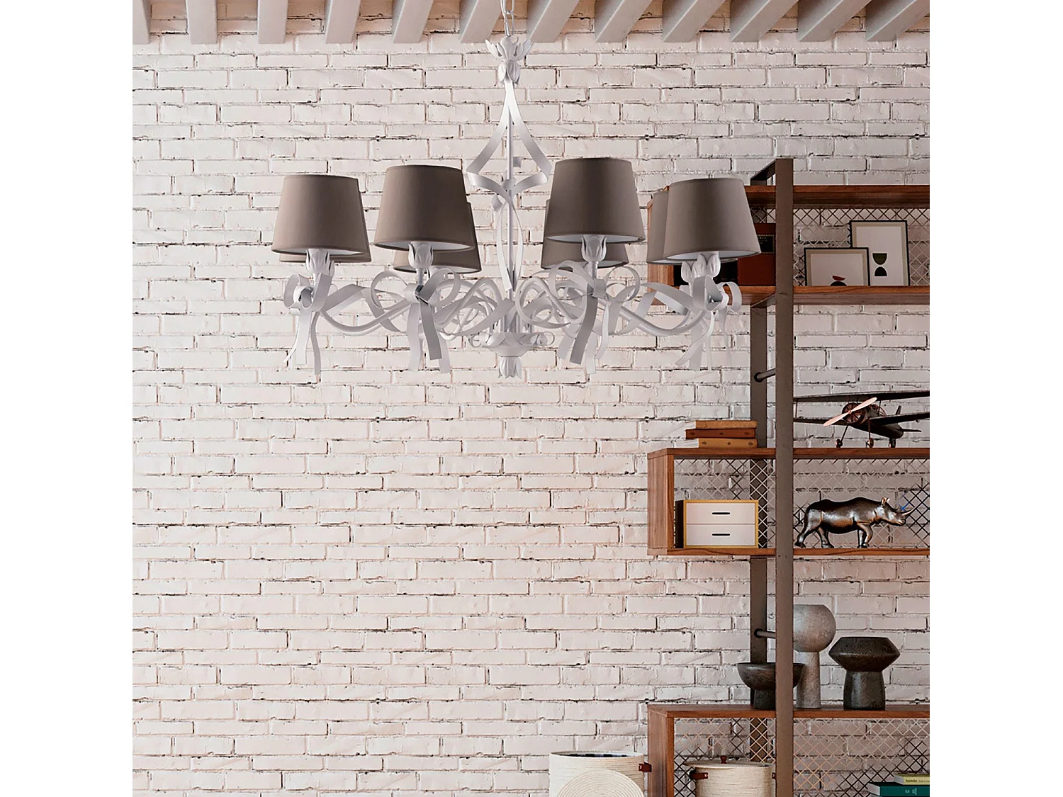 Lucy - White lacquered iron chandelier with shabby chic decoration and dove-grey PVC lampshades, 8 lights, 119 cm - Ø84 cm - BL184-8-BCO