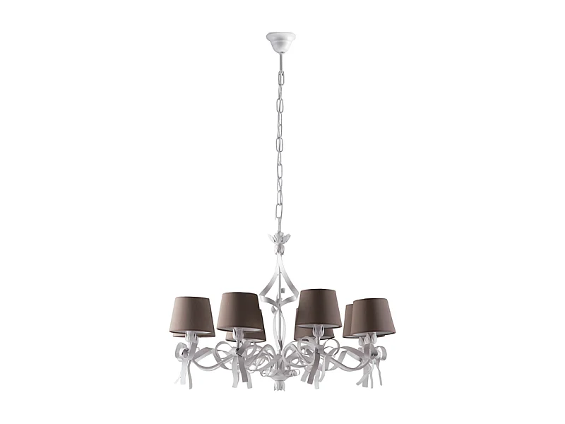 Lucy - Lampadario in ferro laccato bianco con decoraz. effetto shabby chic e paralumi d. 16 in pvc tortora 8 luci 119 - Ø84 - BL184-8-BCO