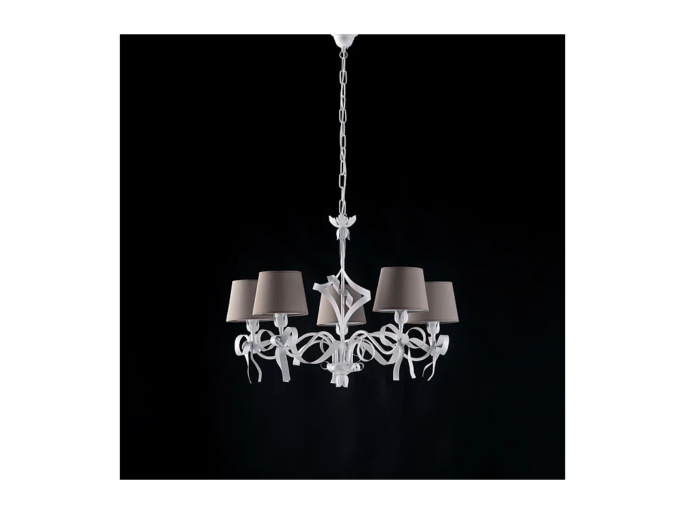 Lustre Lucy fer blanc, déco shabby chic, abat-jour PVC gris tourterelle d.70 cm, 5 lumières style vintage doux