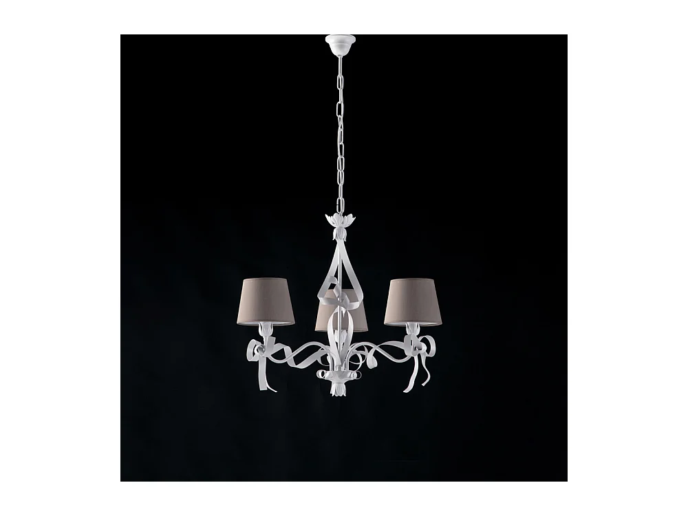 Lustre Lucy fer blanc, déco shabby chic, abat-jour PVC gris tourterelle d.59 cm, 3 lumières look rétro délicat