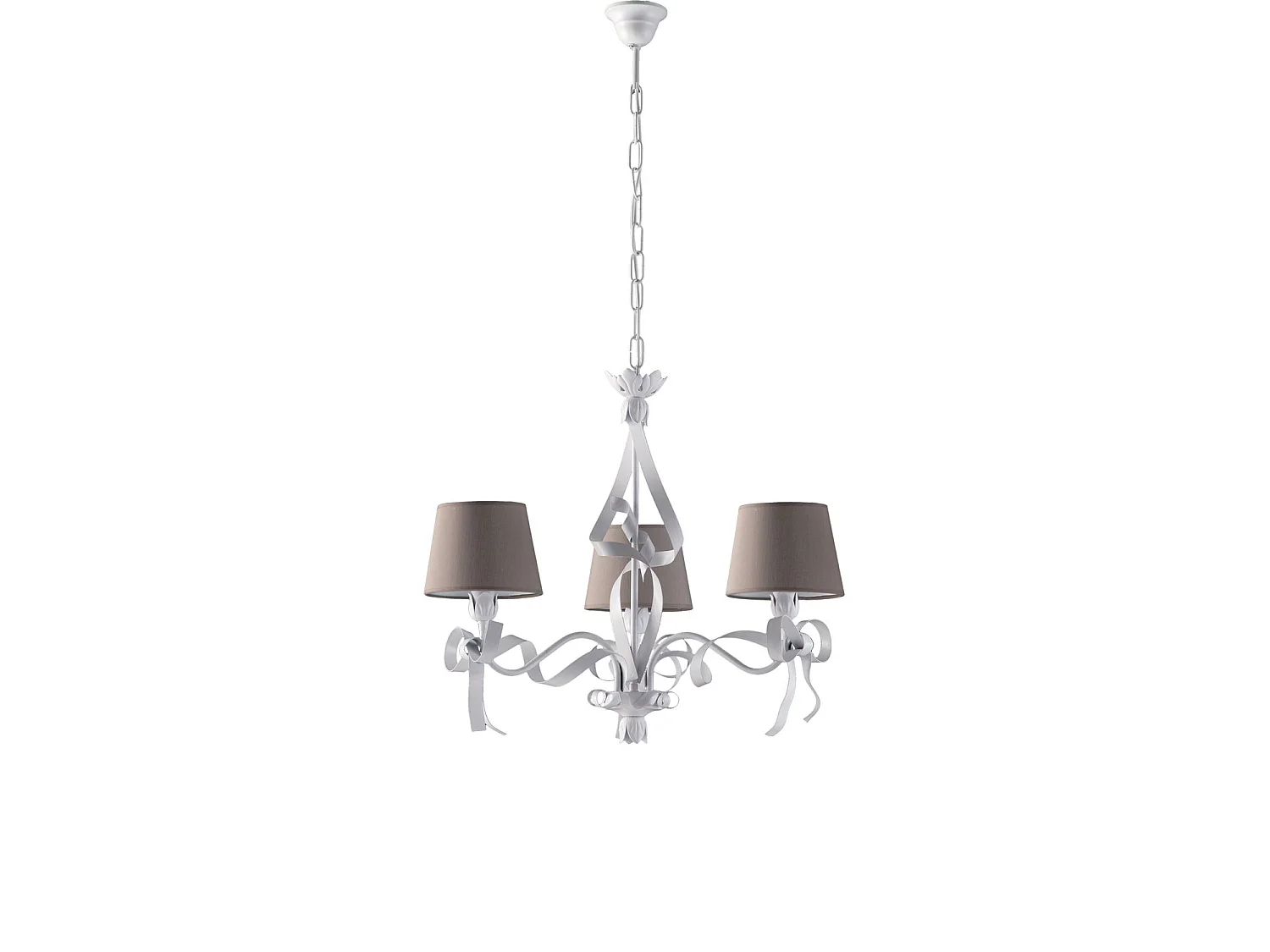 Lucy - White lacquered iron chandelier with shabby chic decoration and dove-grey PVC lampshades, 16 cm diameter, 3 lights, 113 cm - Ø59 cm - BL184-3-BCO