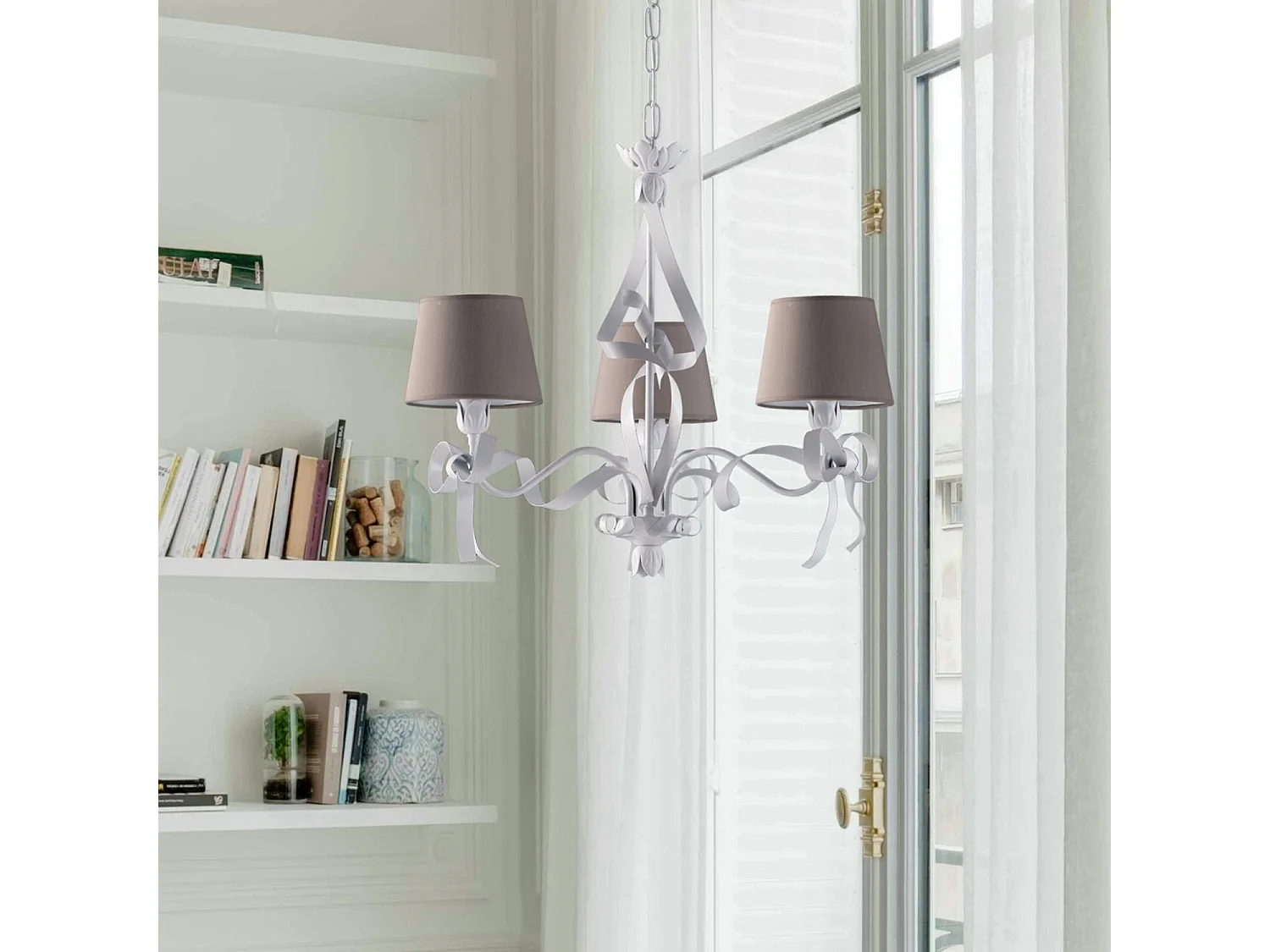 Lucy - White lacquered iron chandelier with shabby chic decoration and dove-grey PVC lampshades, 16 cm diameter, 3 lights, 113 cm - Ø59 cm - BL184-3-BCO
