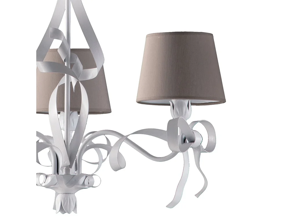 Lucy - White lacquered iron chandelier with shabby chic decoration and dove-grey PVC lampshades, 16 cm diameter, 3 lights, 113 cm - Ø59 cm - BL184-3-BCO