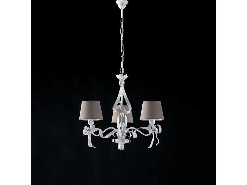 Lustre Lucy fer blanc, déco shabby chic, abat-jour PVC gris tourterelle d.59 cm, 3 lumières look rétro délicat