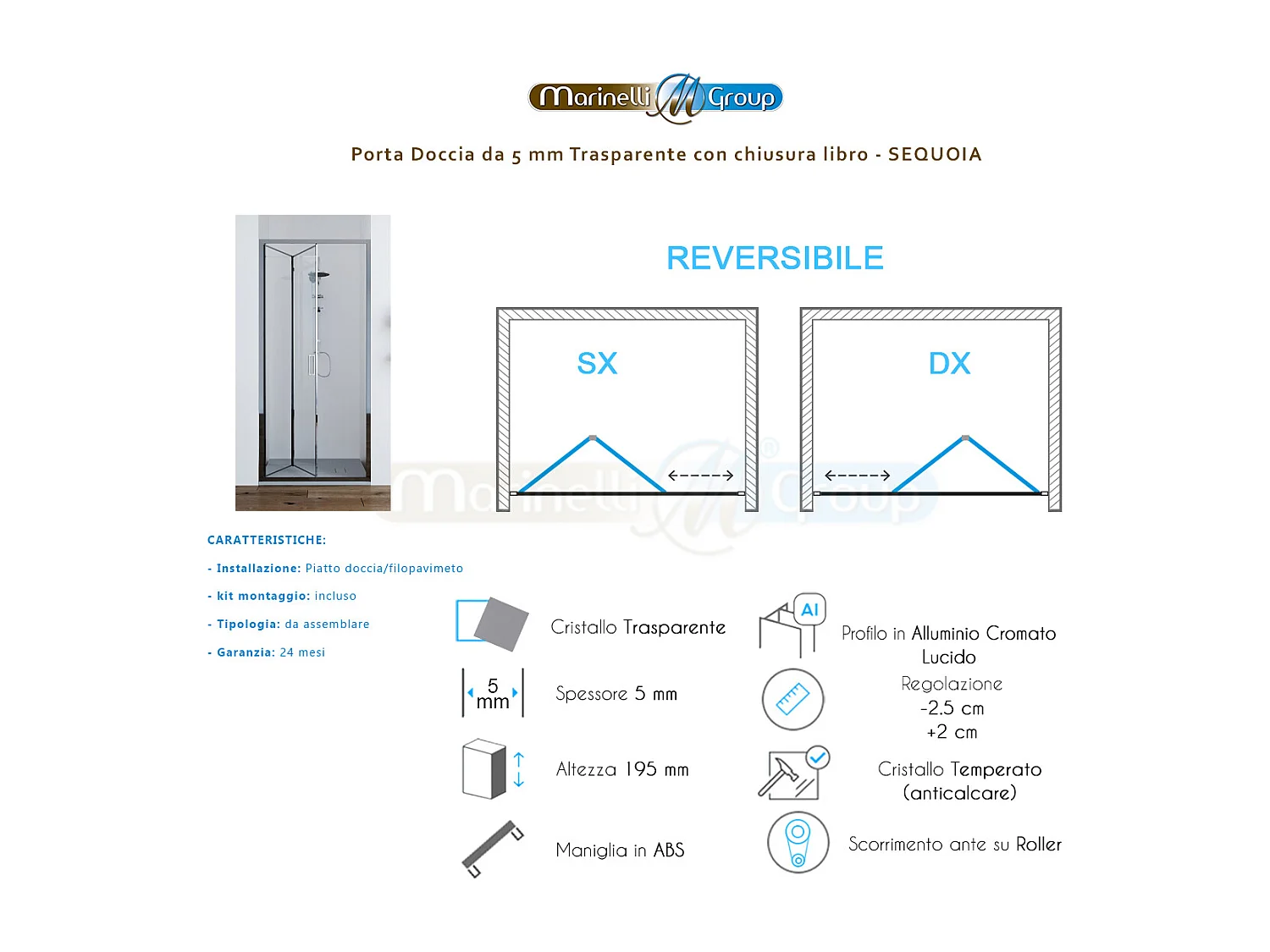 Porta doccia da 75 cm trasparente apertura a libro per nicchia Sequoia