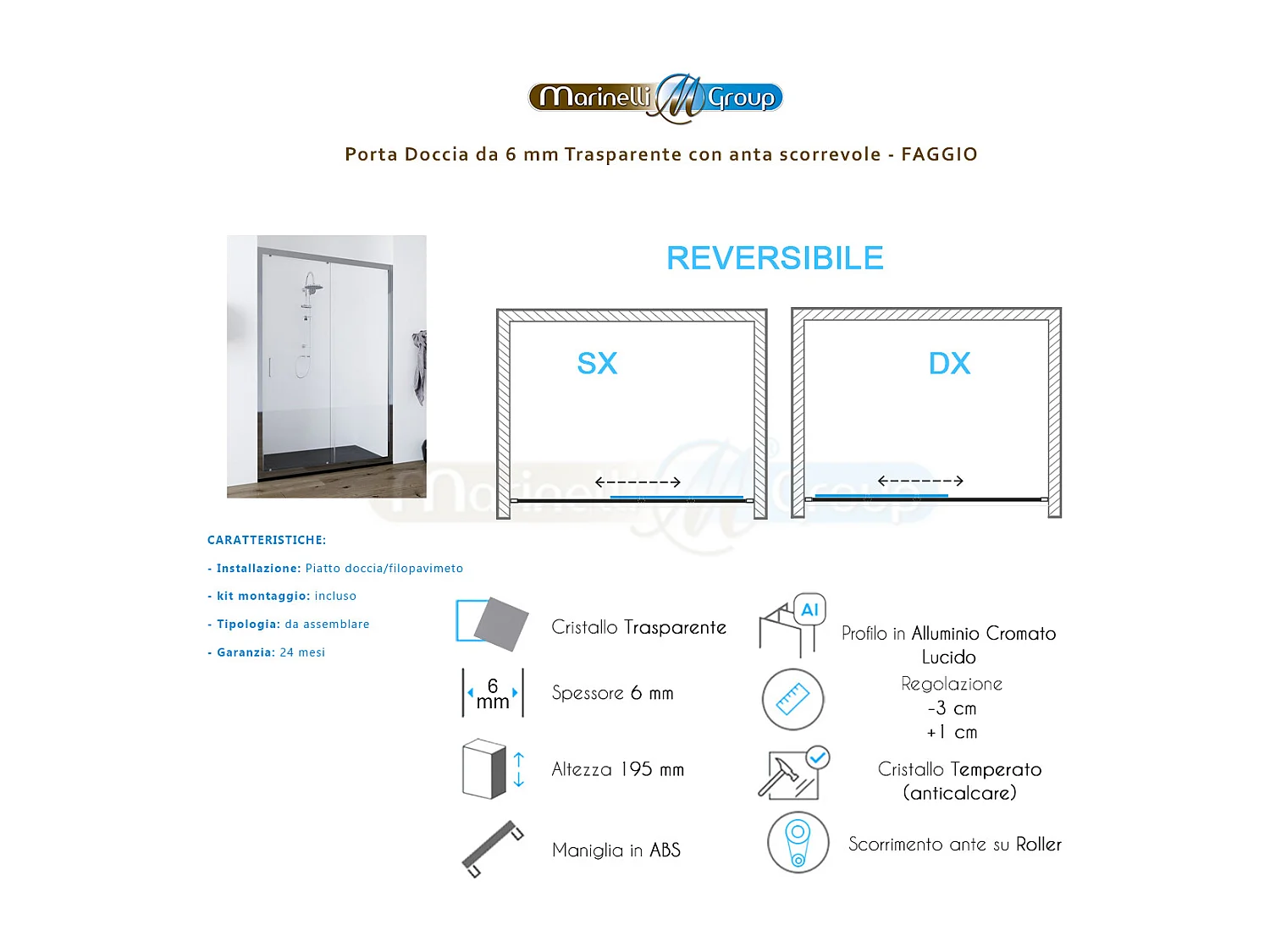 Porta doccia da 110 cm con porta scorrevole vetro Trasparente da 6mm Faggio