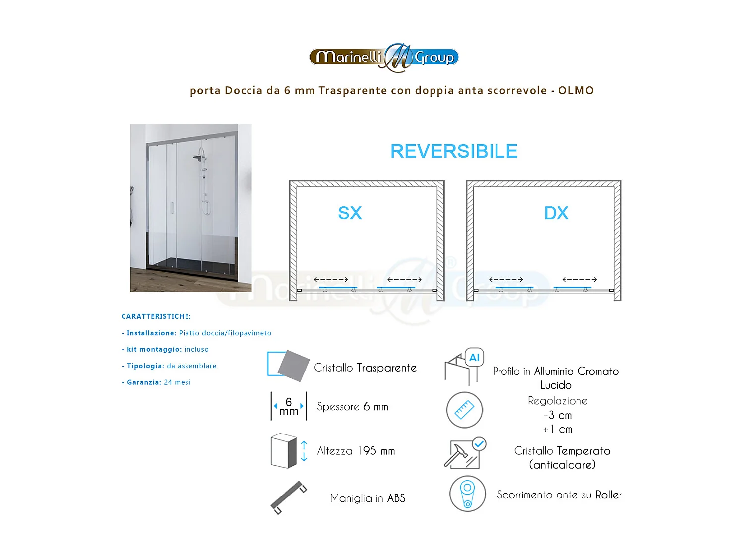 Porta doccia da 170  cm con doppia porta scorrevole vetro Trasparente da 6mm Olmo