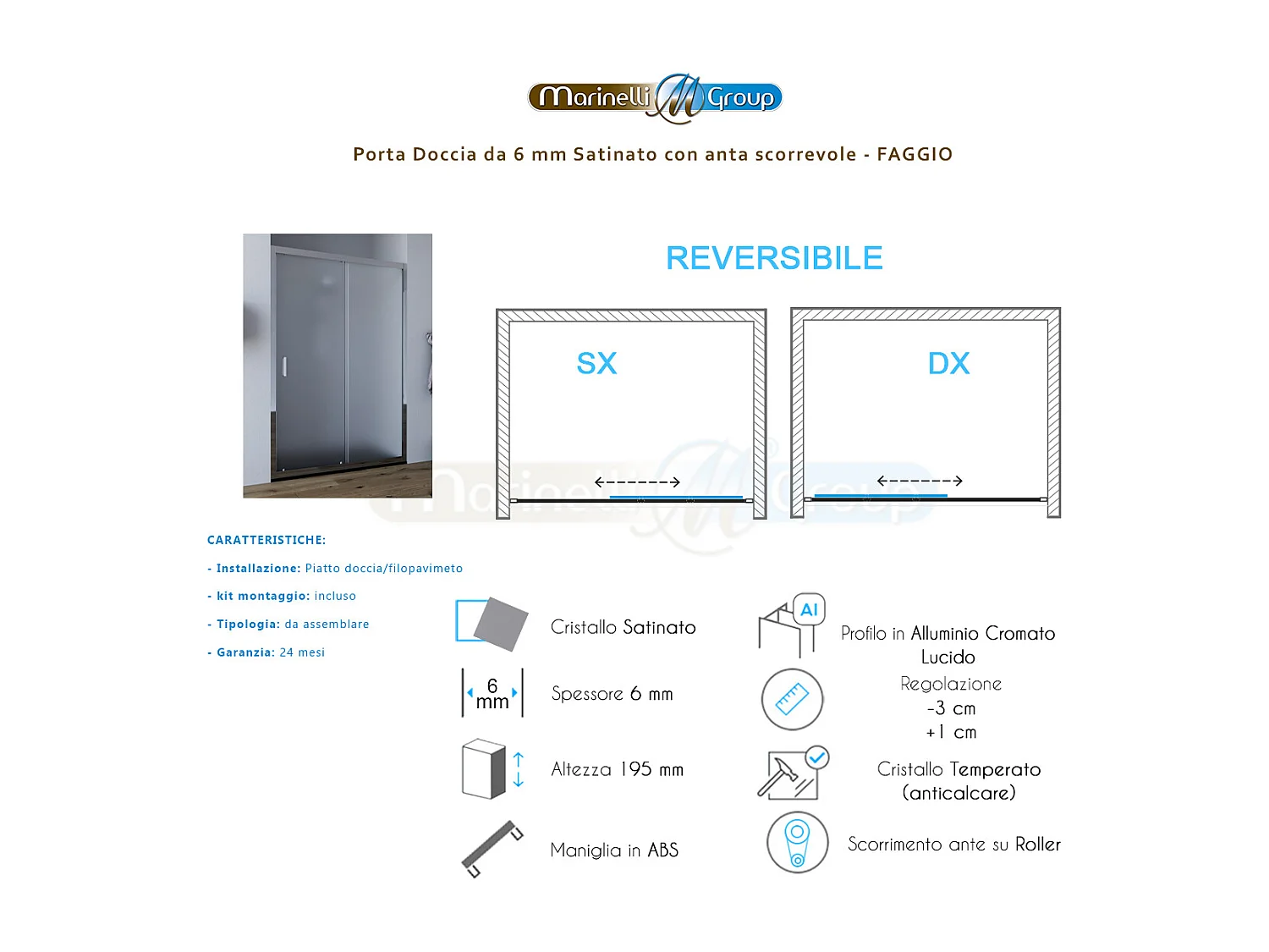 Porta doccia da 110 cm con porta scorrevole vetro Satinato da 6mm Faggio