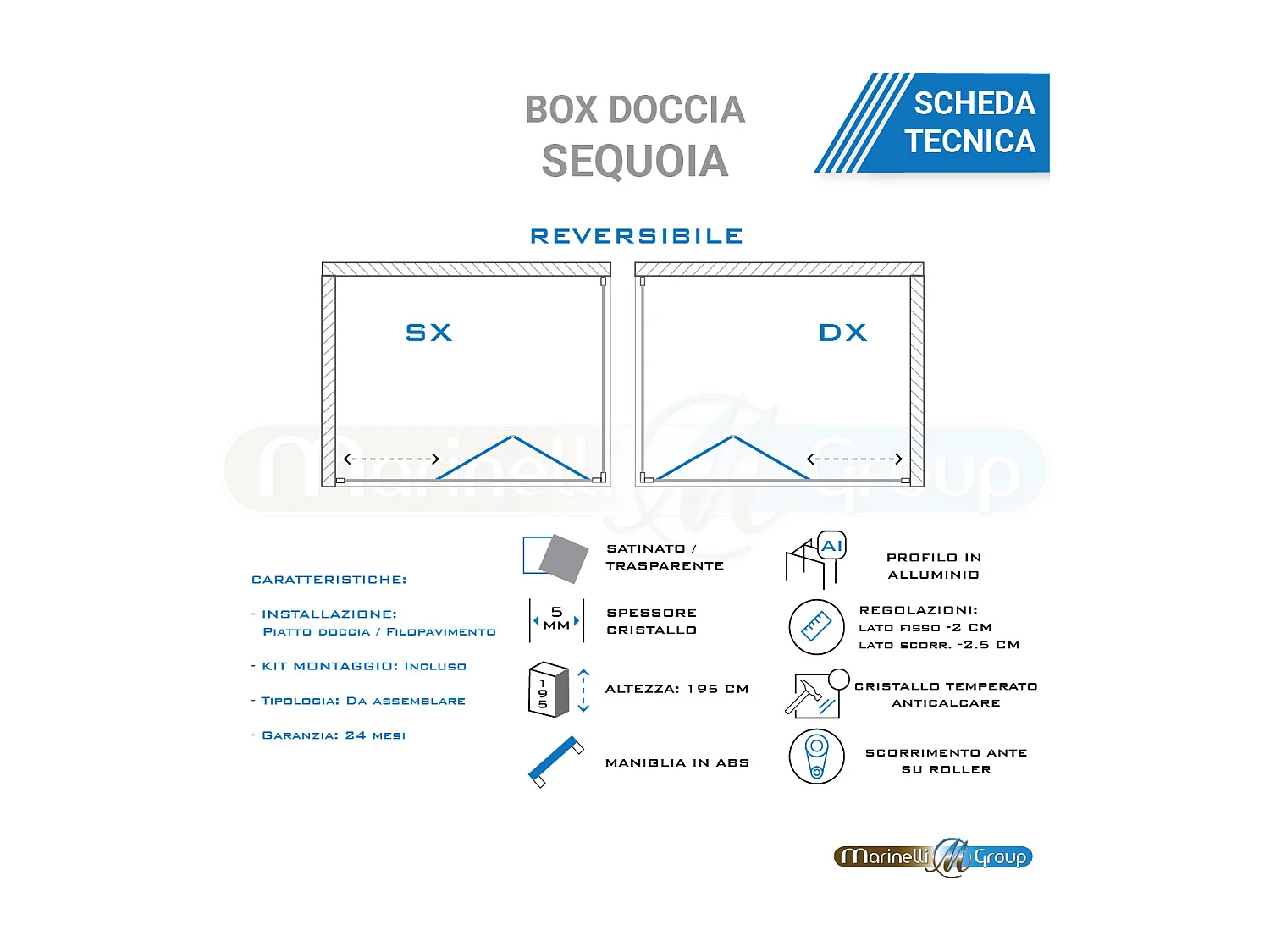Porta doccia da 75 cm Satinata apertura a libro per nicchia Sequoia