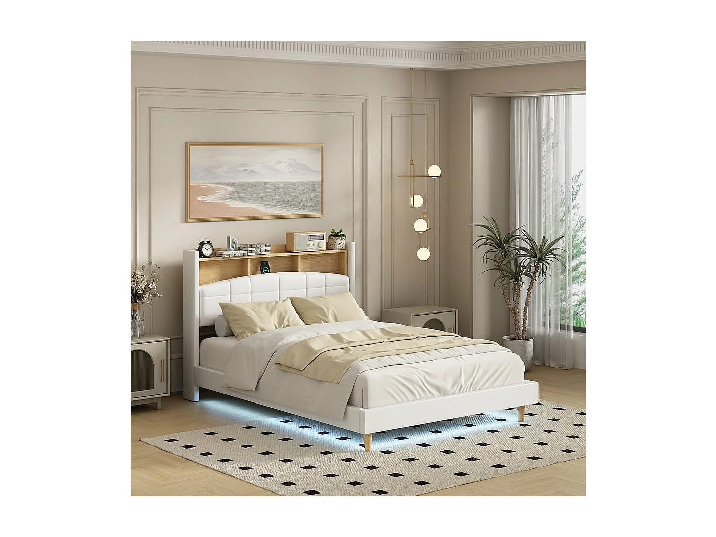 Podwójne łóżko LED z przechowywaniem w zagłówku "Sarah" z białego drewna - 140 x 190 cm