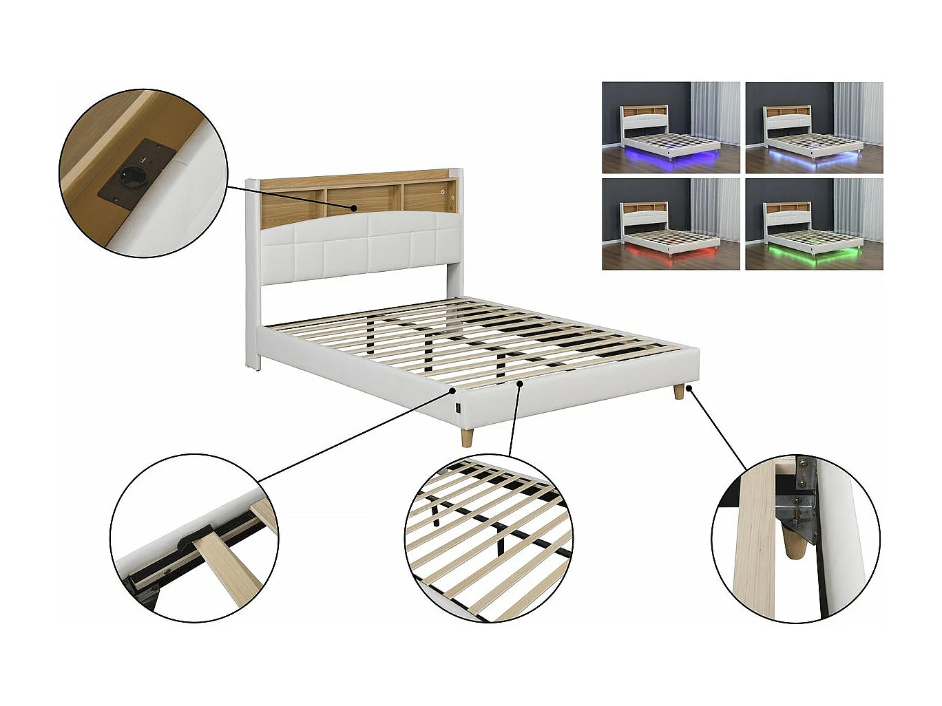 Podwójne łóżko LED z przechowywaniem w zagłówku "Sarah" z białego drewna - 140 x 190 cm