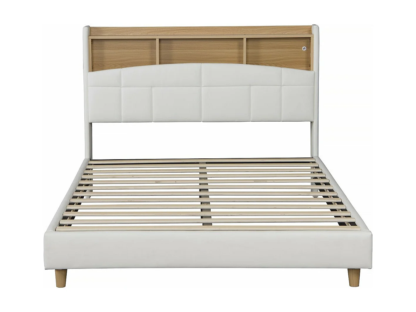Podwójne łóżko LED z przechowywaniem w zagłówku "Sarah" z białego drewna - 140 x 190 cm