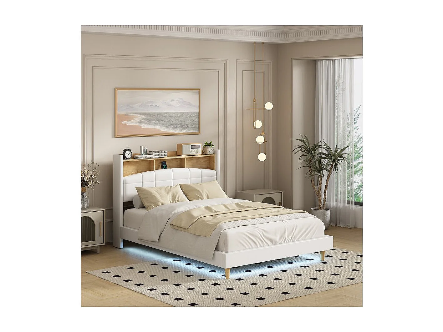 Lit double led avec rangement tête de lit "Sarah" - 140 x 190 cm - Blanc