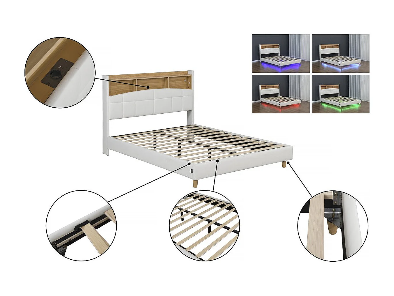 Lit double led avec rangement tête de lit "Sarah" - 140 x 190 cm - Blanc