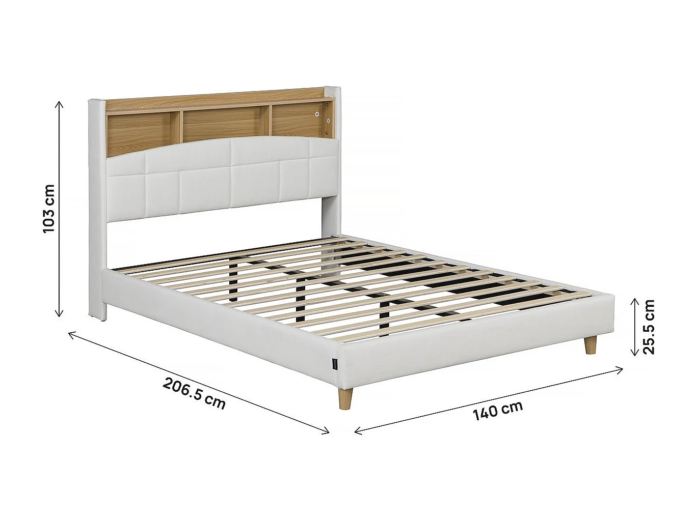 Lit double led avec rangement tête de lit "Sarah" - 140 x 190 cm - Blanc