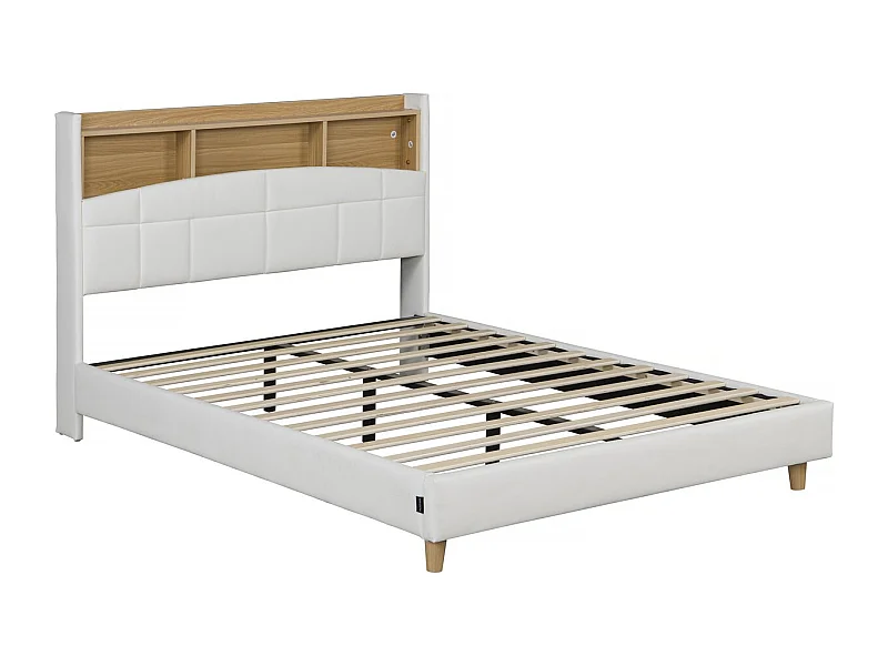 Lit double led avec rangement tête de lit "Sarah" - 140 x 190 cm - Blanc