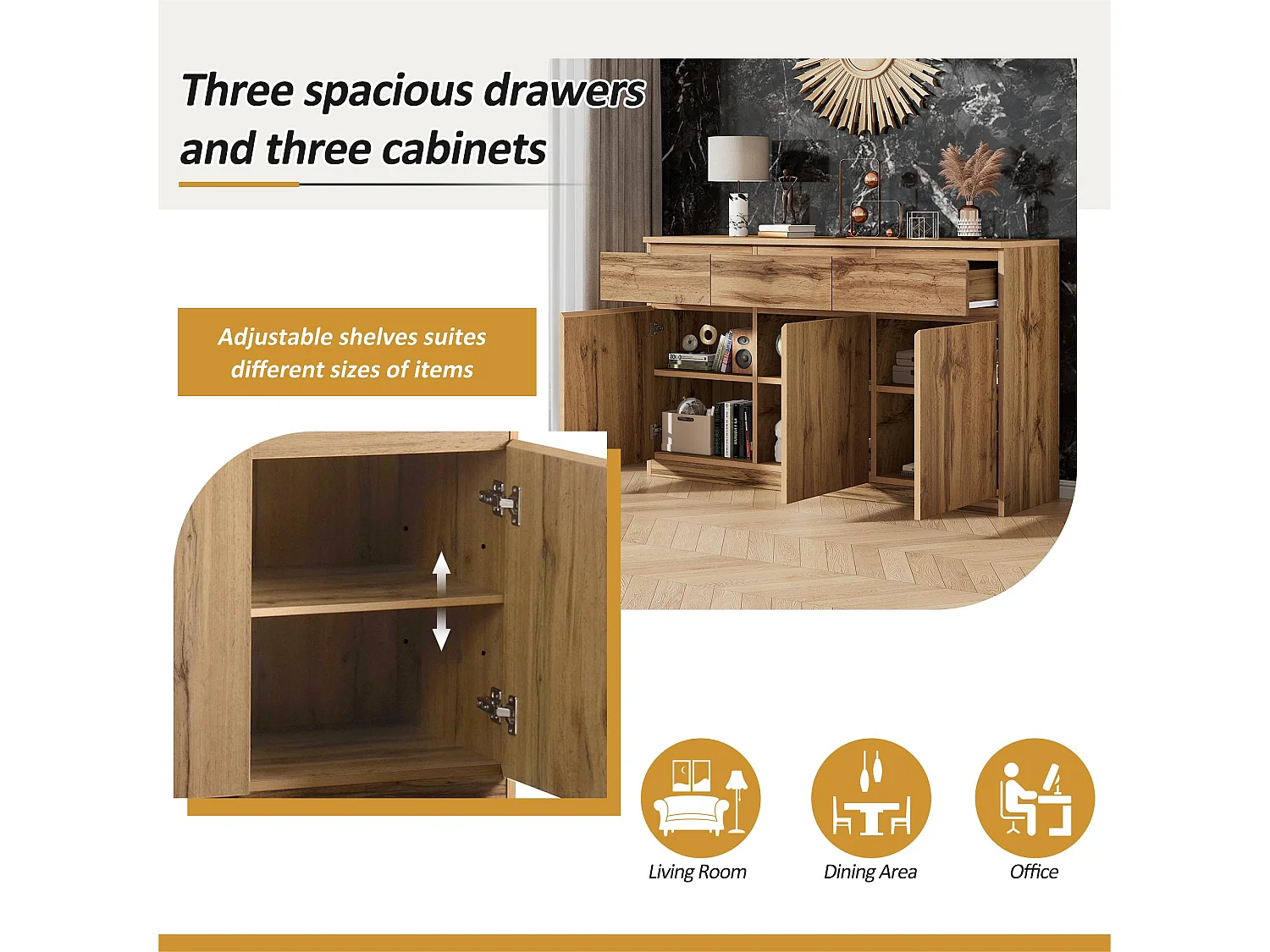 Buffet avec 3 portes et 3 tiroirs - panneaux de particules - Naturel