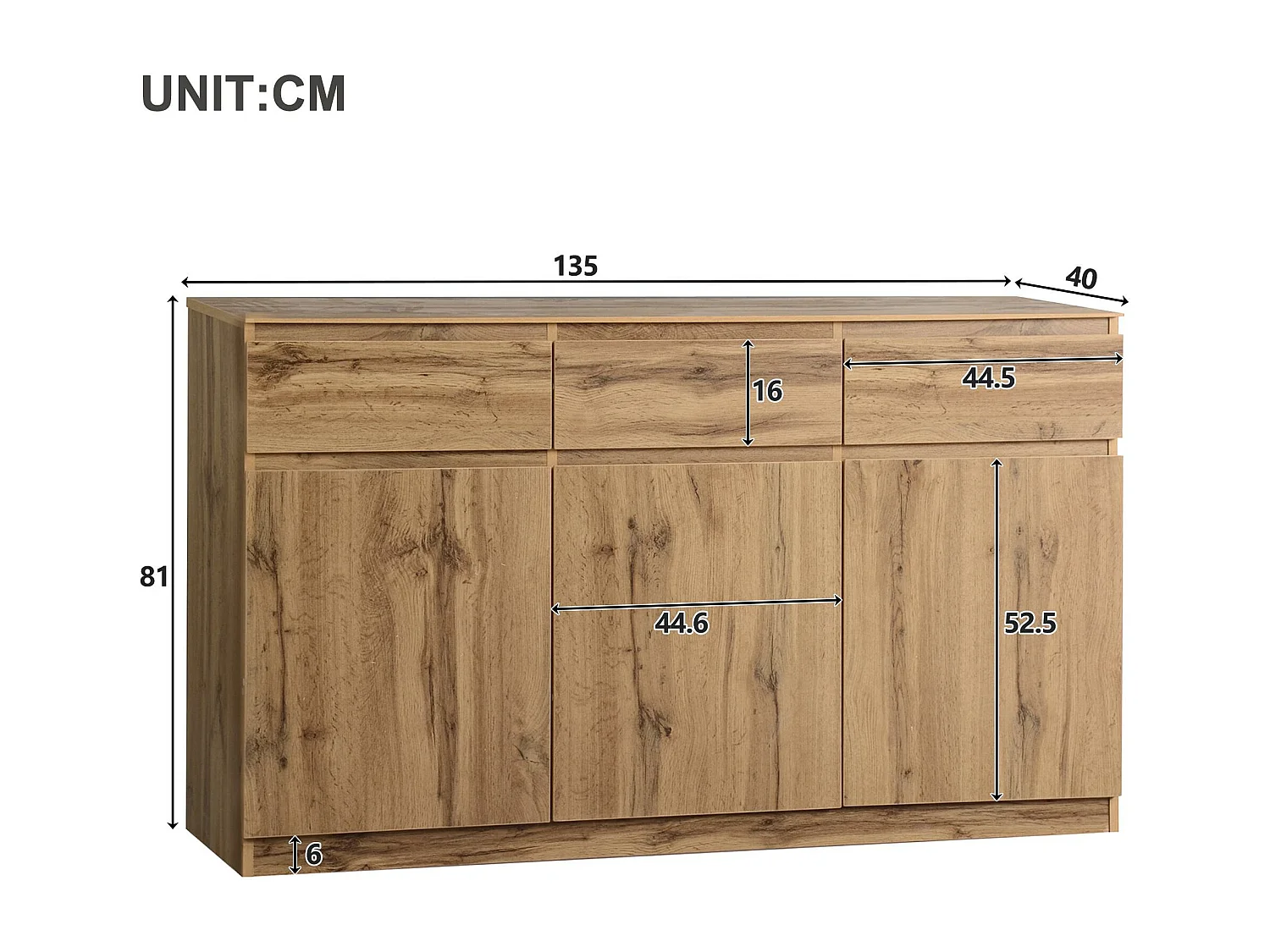 Buffet avec 3 portes et 3 tiroirs - panneaux de particules - Naturel