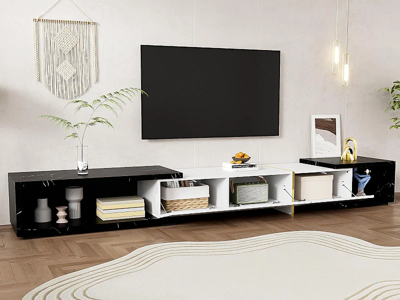 Meuble TV à longueur réglable (140-260 cm) - 3 portes abattantes - aspect marbre noir - Blanc & Noir