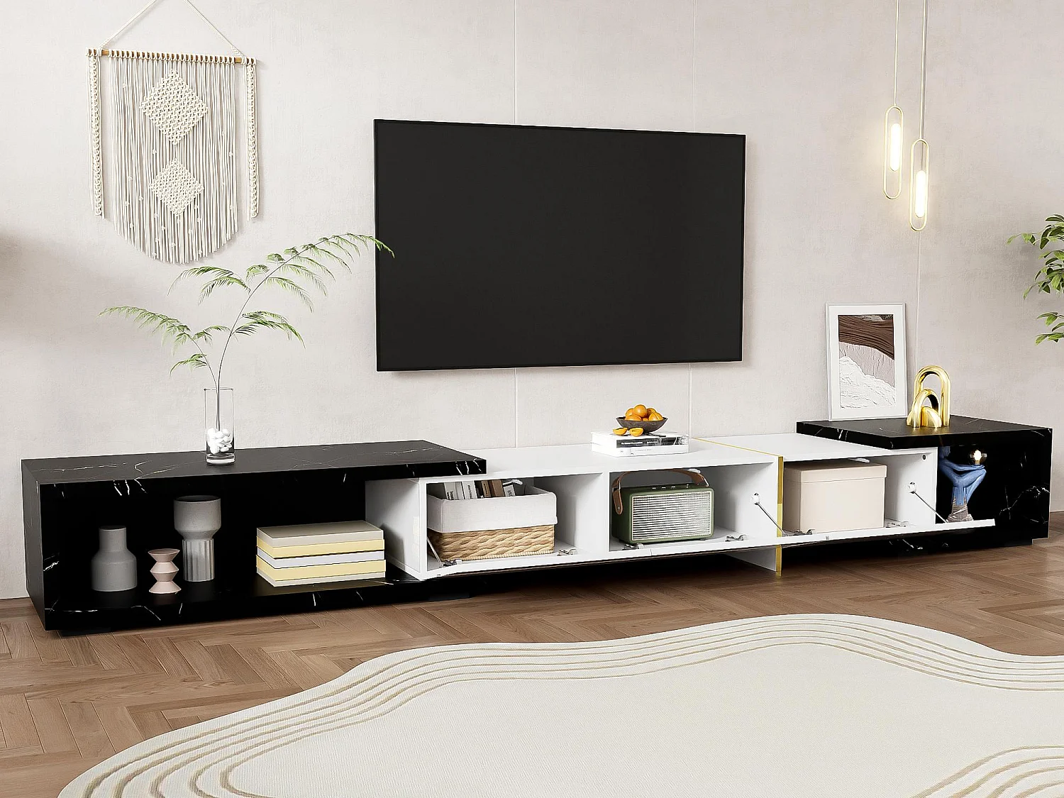 Meuble TV à longueur réglable (140-260 cm) - 3 portes abattantes - aspect marbre noir - Blanc & Noir