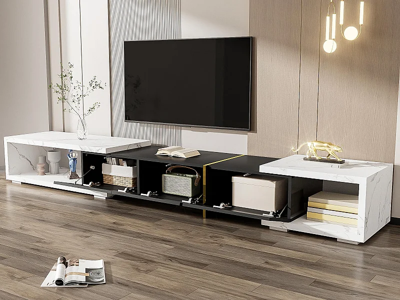 Meuble TV à longueur réglable (140-260 cm) - 3 portes abattantes - aspect marbre blanc - Noir & Blanc