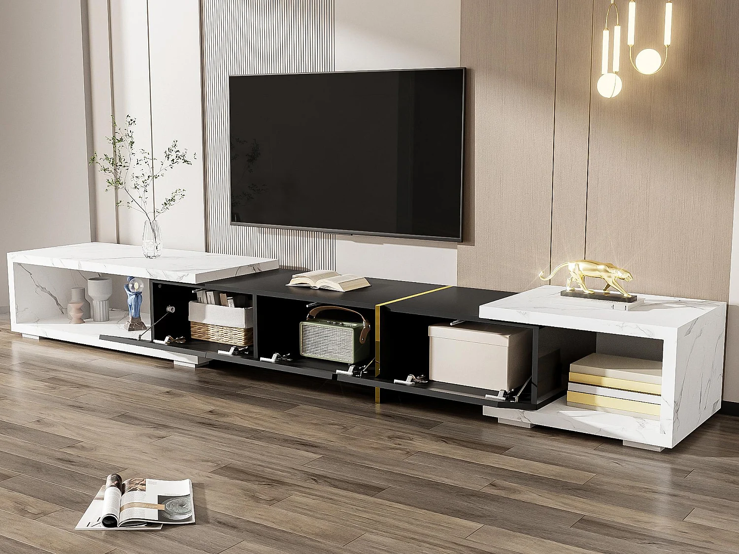 Móvel de TV de comprimento ajustável (140-260 cm) - 3 portas retráteis - aspeto de mármore branco - Preto e Branco