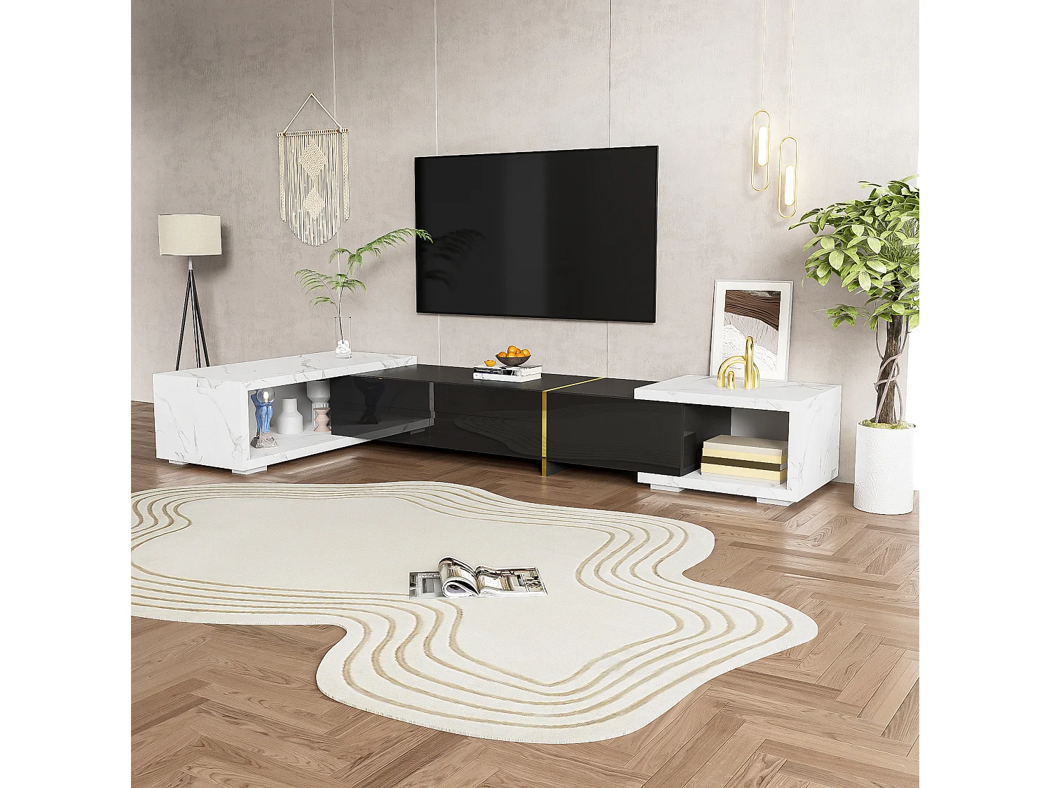 Móvel de TV de comprimento ajustável (140-260 cm) - 3 portas retráteis - aspeto de mármore branco - Preto e Branco