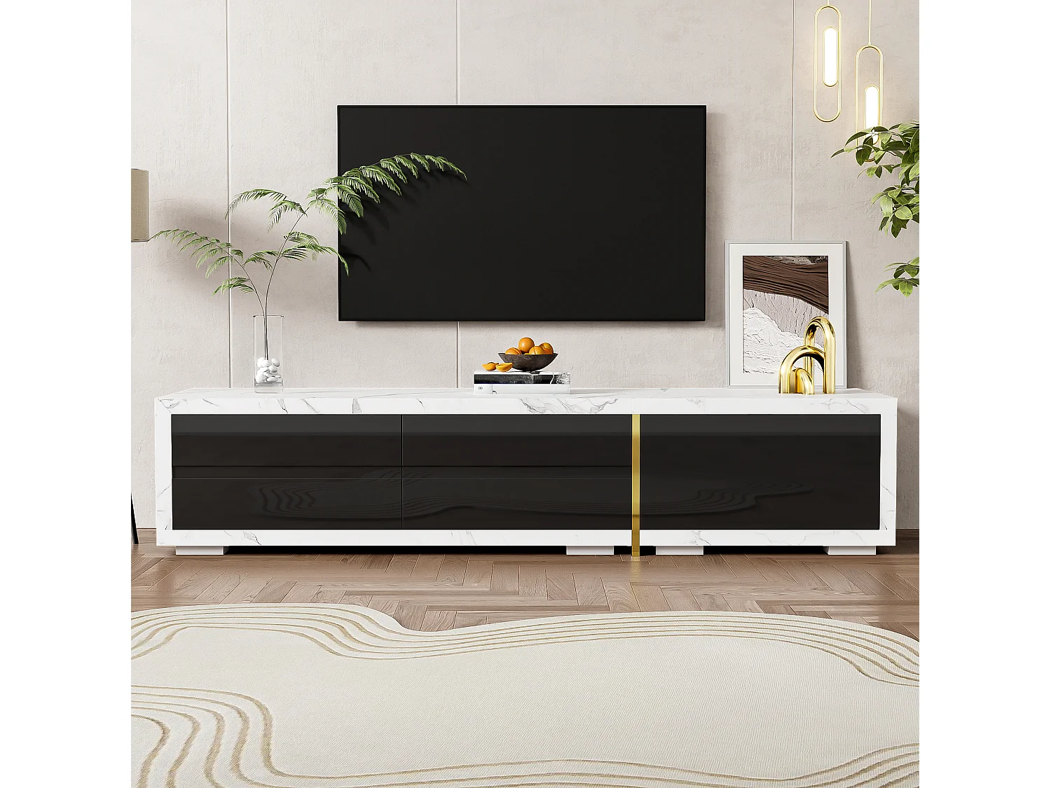 Móvel de TV de comprimento ajustável (140-260 cm) - 3 portas retráteis - aspeto de mármore branco - Preto e Branco