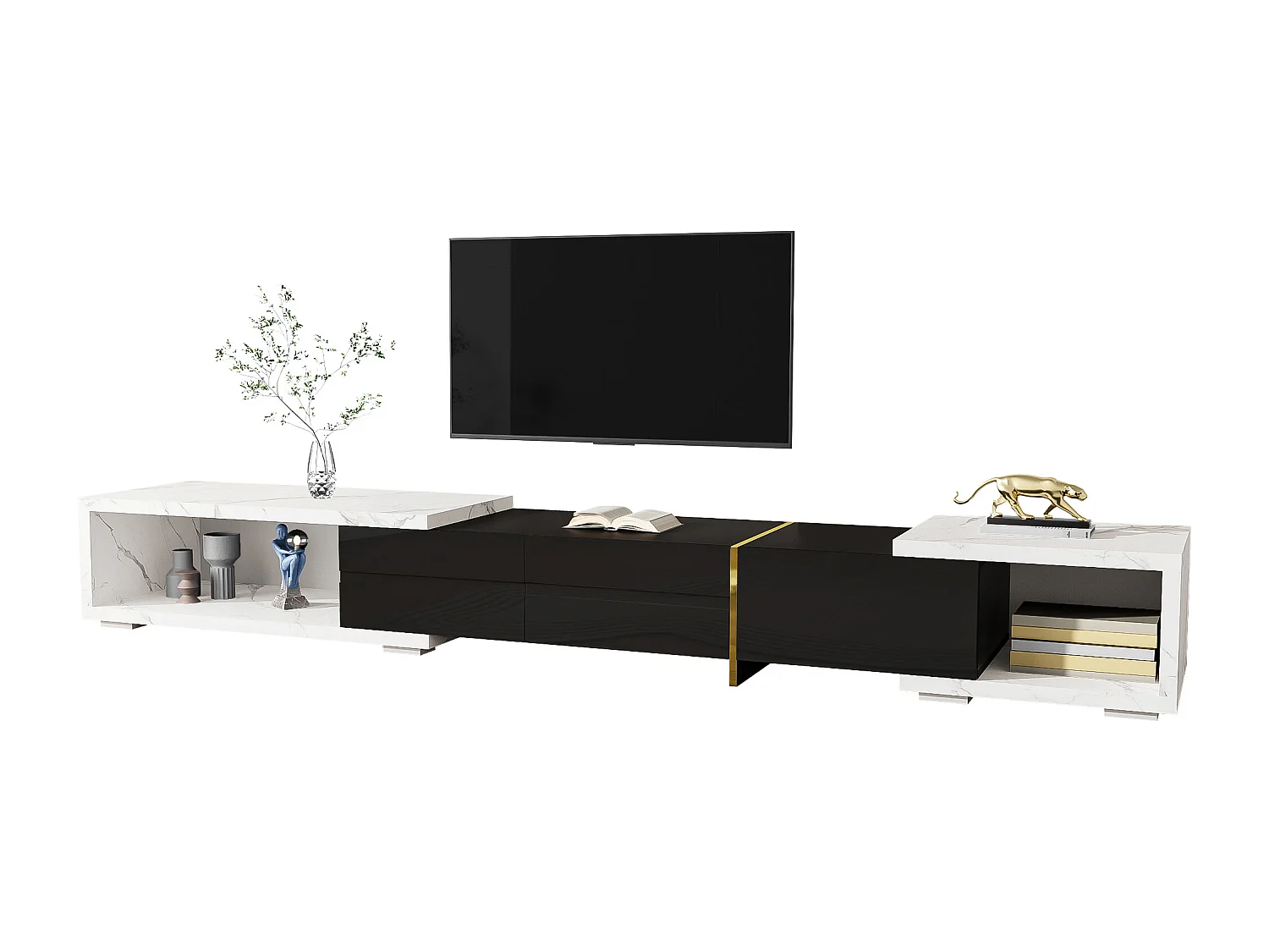 Móvel de TV de comprimento ajustável (140-260 cm) - 3 portas retráteis - aspeto de mármore branco - Preto e Branco