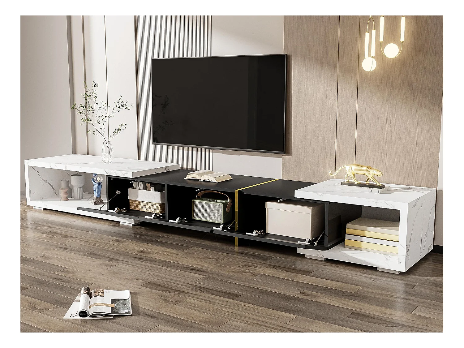 Meuble TV à longueur réglable (140-260 cm) - 3 portes abattantes - aspect marbre blanc - Noir & Blanc