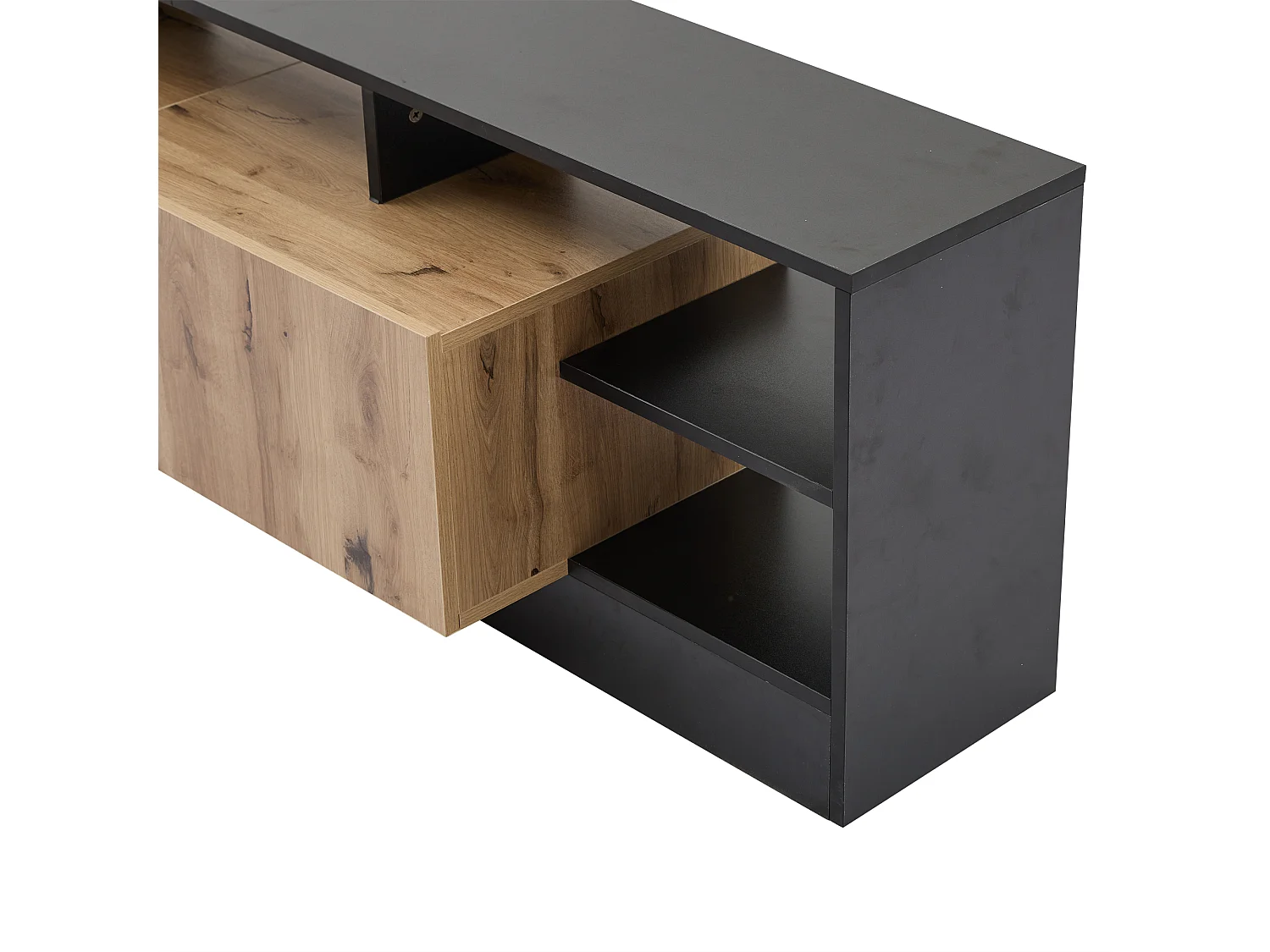 Móvel de TV moderno com LED - 2 portas e 6 compartimentos abertos - Preto e Natural