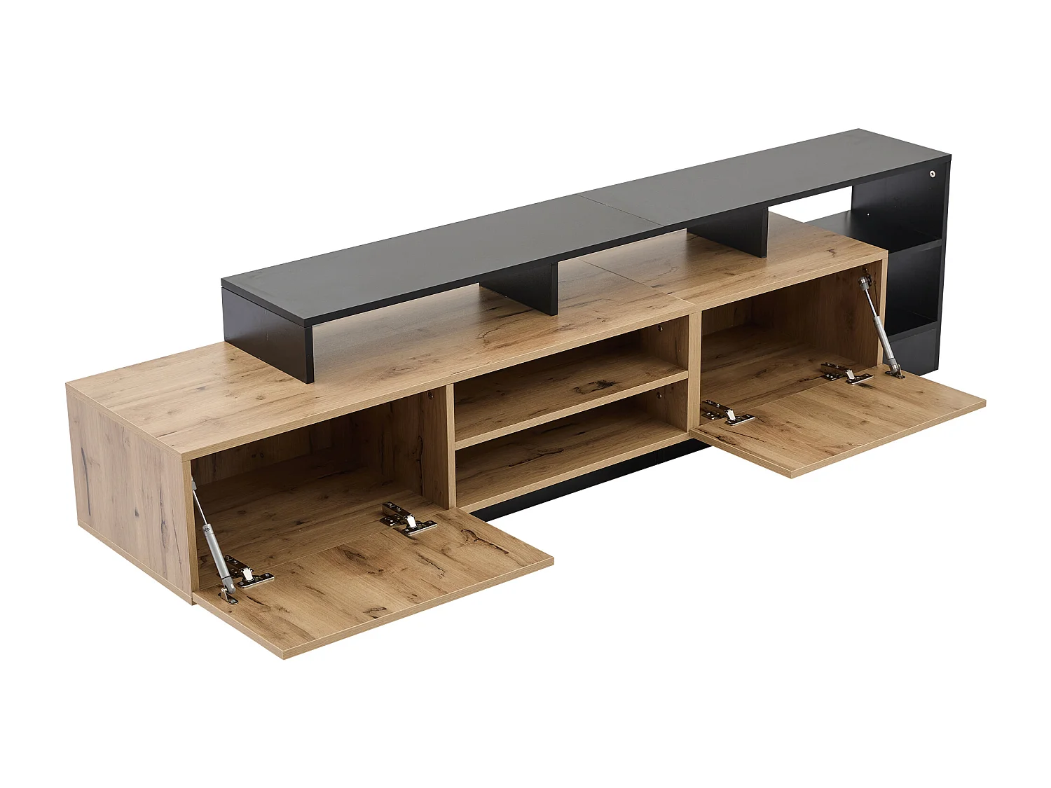 Móvel de TV moderno com LED - 2 portas e 6 compartimentos abertos - Preto e Natural