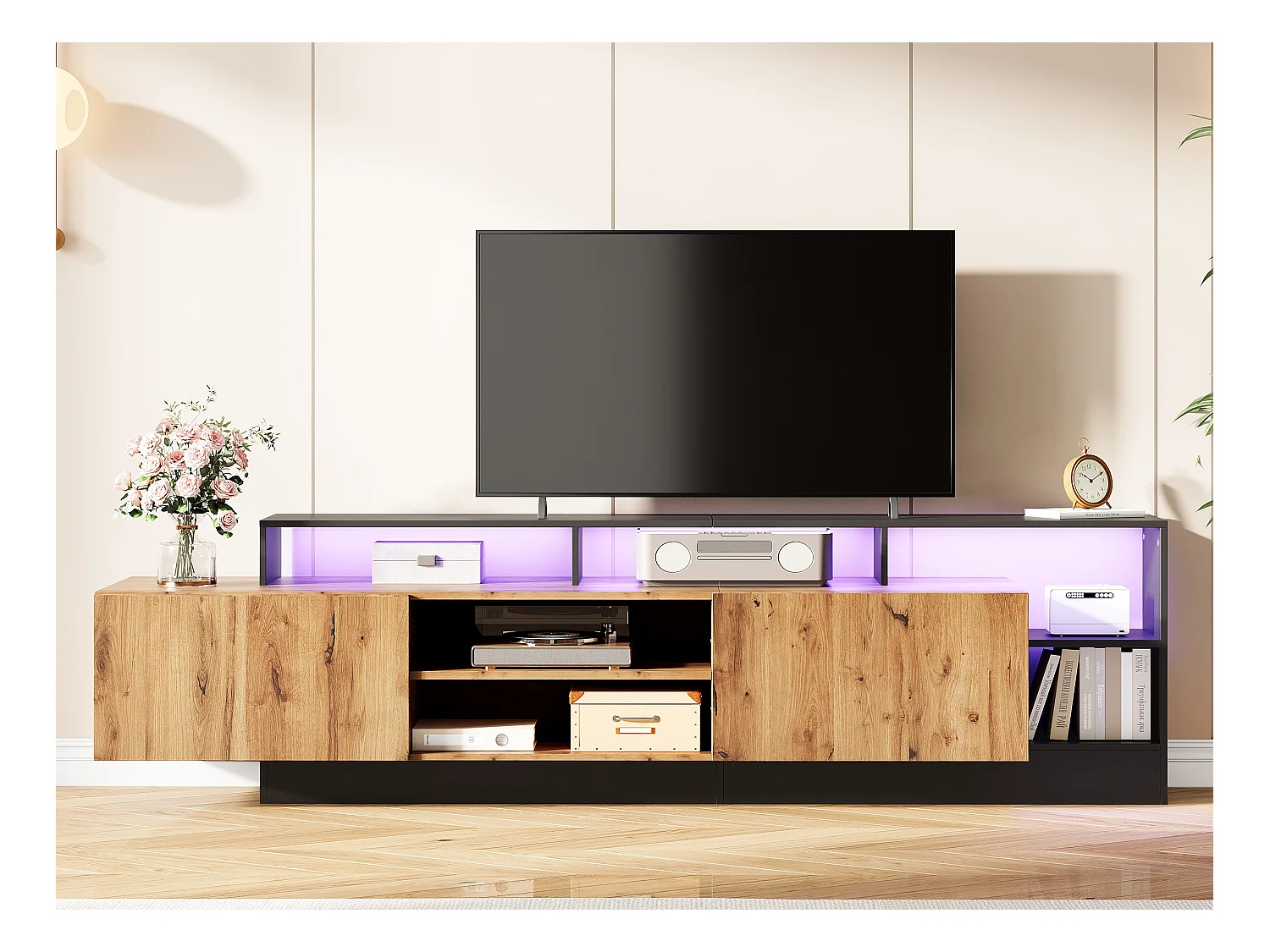 Meuble TV moderne avec LED - 2 portes et 6 comportiments ouverts - Noir & Naturel