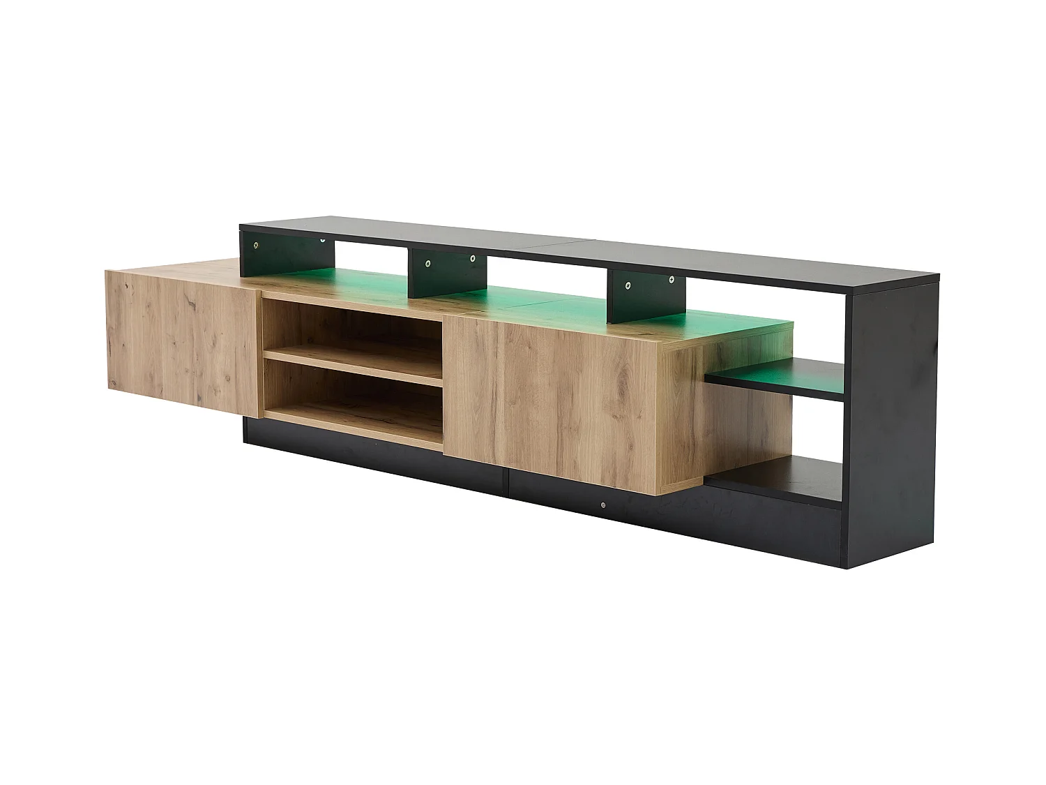 Meuble TV moderne avec LED - 2 portes et 6 comportiments ouverts - Noir & Naturel