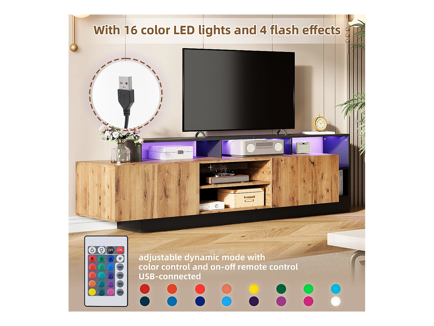 Meuble TV moderne avec LED - 2 portes et 6 comportiments ouverts - Noir & Naturel