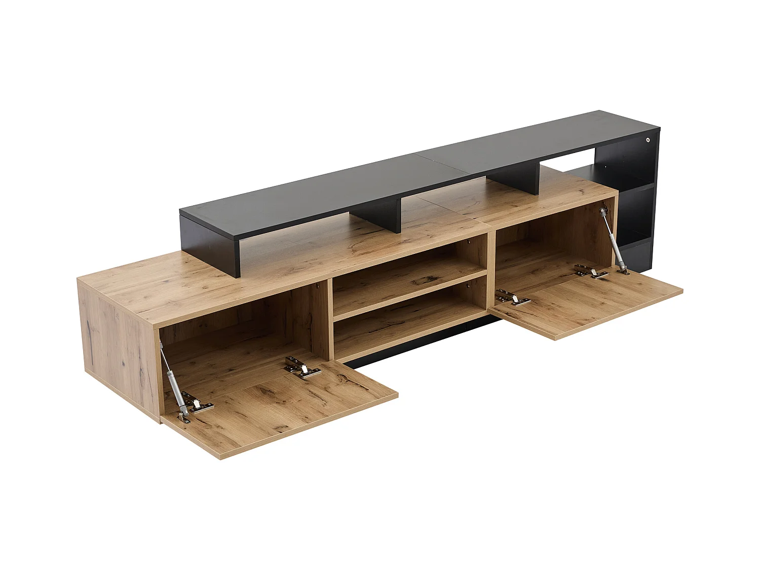 Meuble TV moderne avec LED - 2 portes et 6 comportiments ouverts - Noir & Naturel