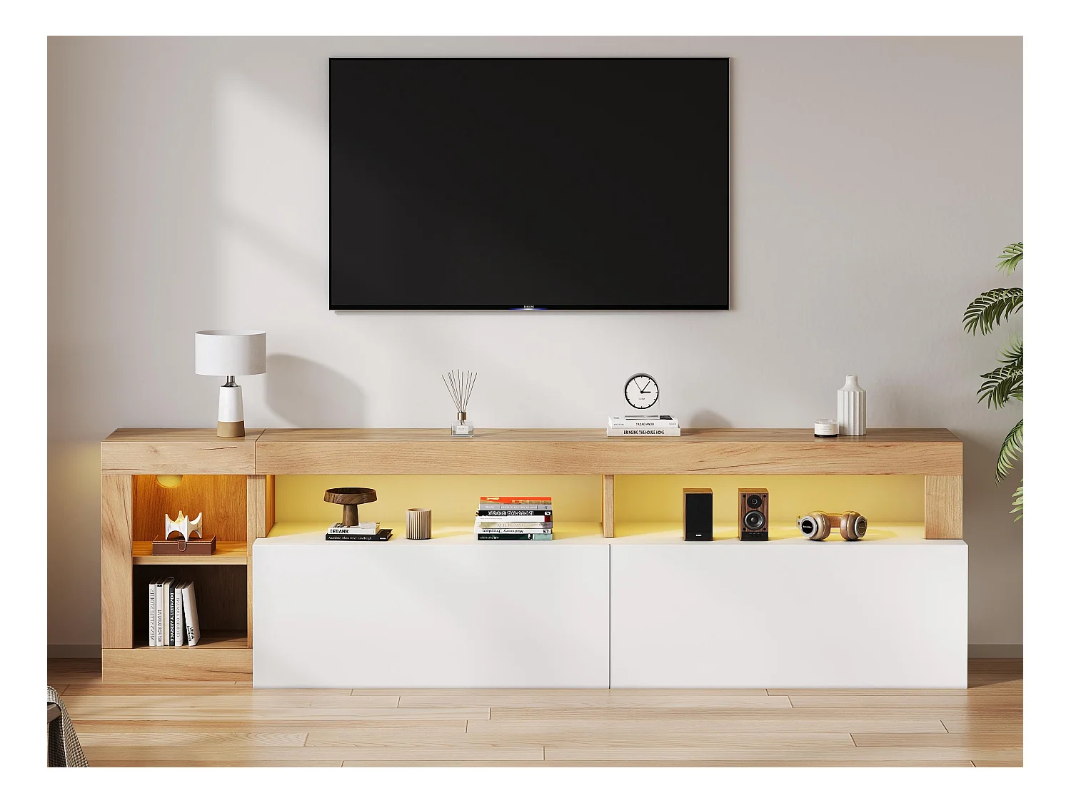 Meuble TV moderne avec LED - 2 portes et 3 comportiments ouverts - Blanc & Naturel