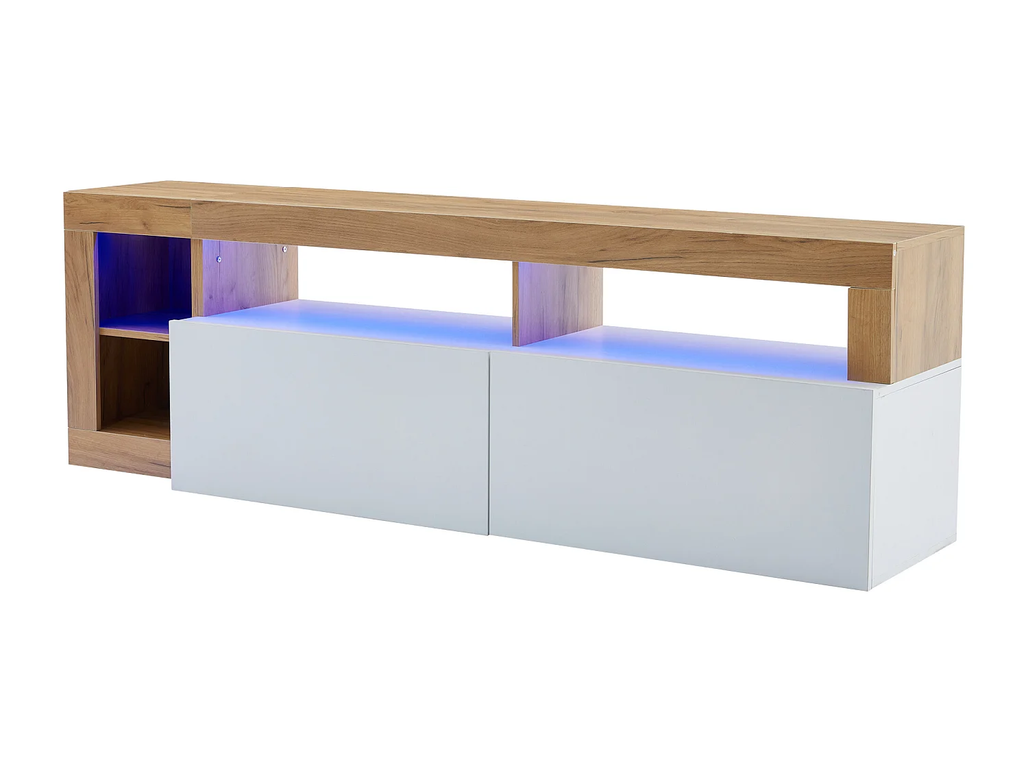 Nowoczesny mebel TV z LED - 2 drzwi i 3 otwarte przegrody - Biały i Naturalny