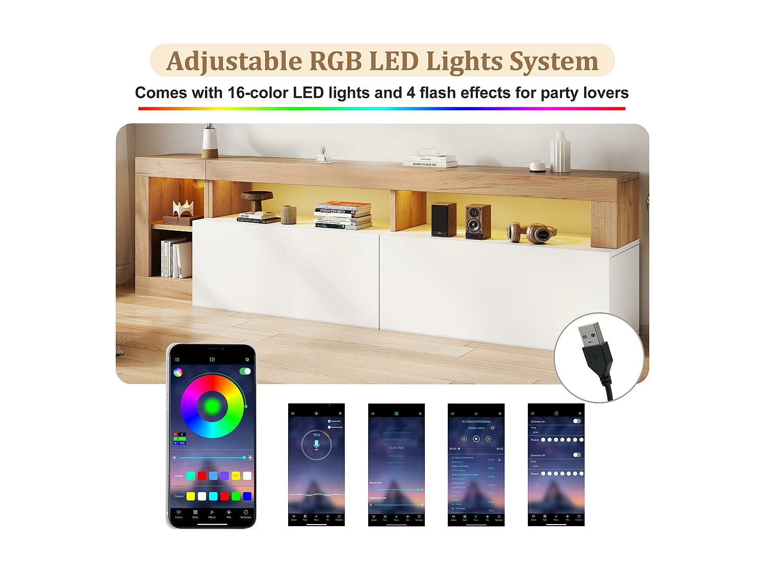 Nowoczesny mebel TV z LED - 2 drzwi i 3 otwarte przegrody - Biały i Naturalny