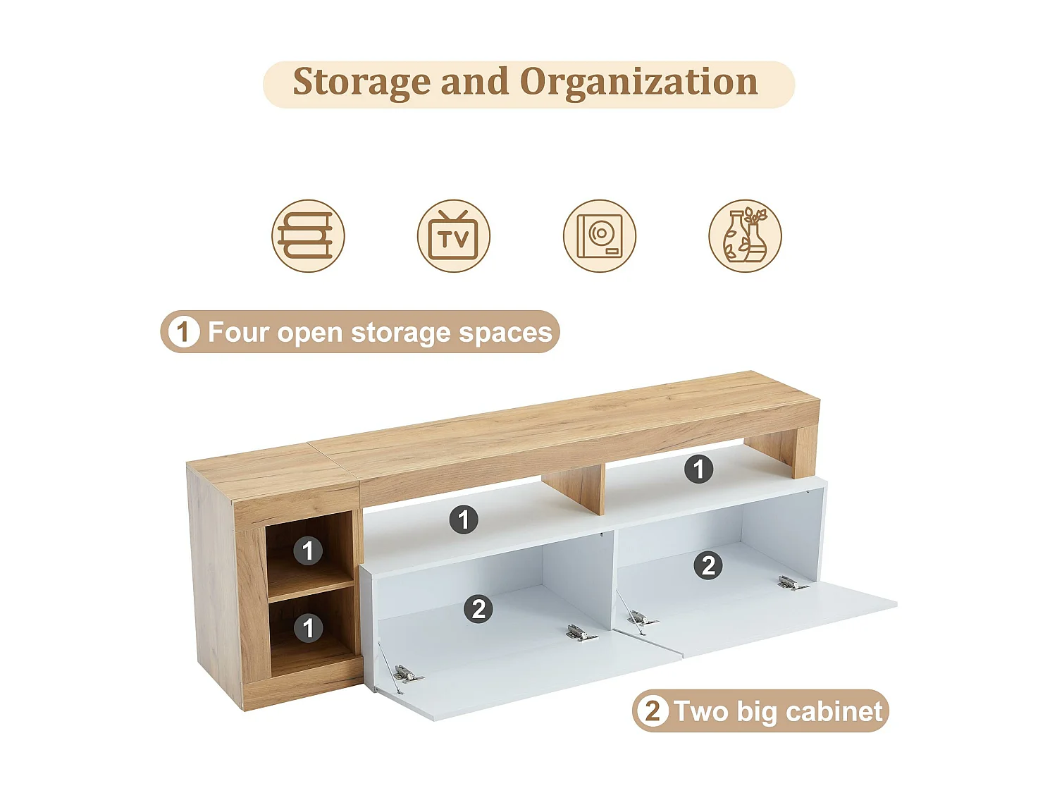 Nowoczesny mebel TV z LED - 2 drzwi i 3 otwarte przegrody - Biały i Naturalny