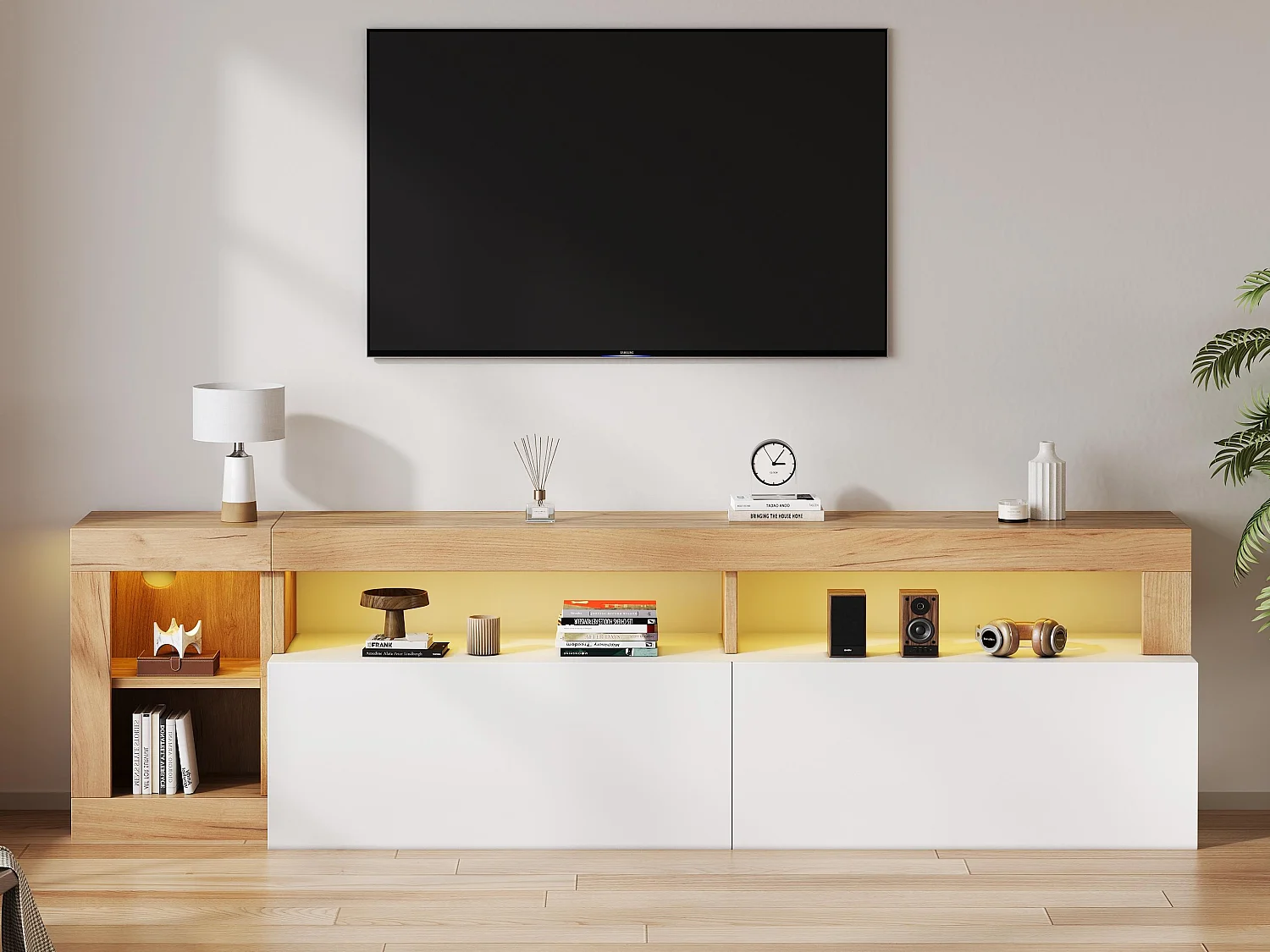 Nowoczesny mebel TV z LED - 2 drzwi i 3 otwarte przegrody - Biały i Naturalny