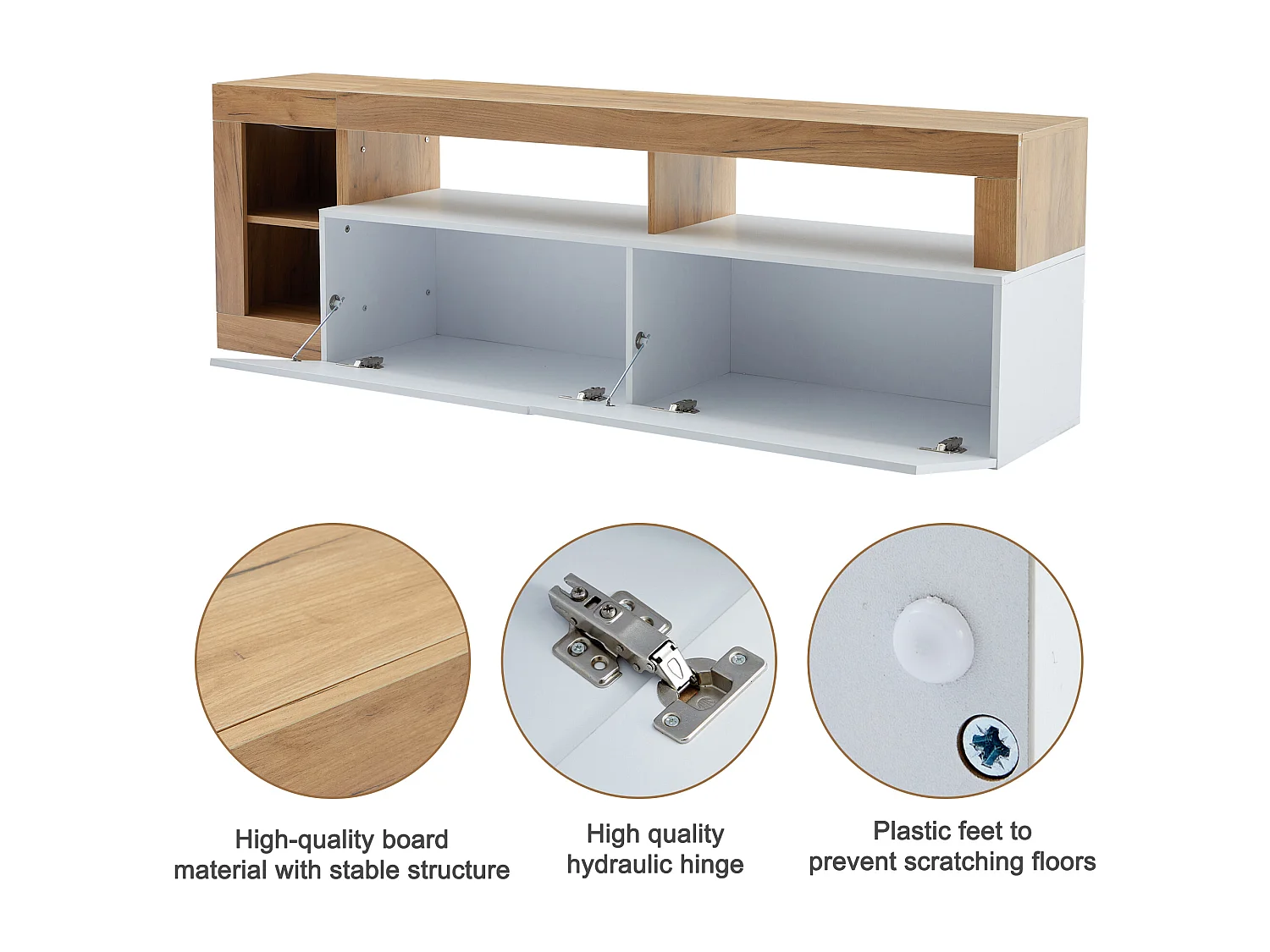 Móvel de TV moderno com LED - 2 portas e 3 compartimentos abertos - Branco e Natural