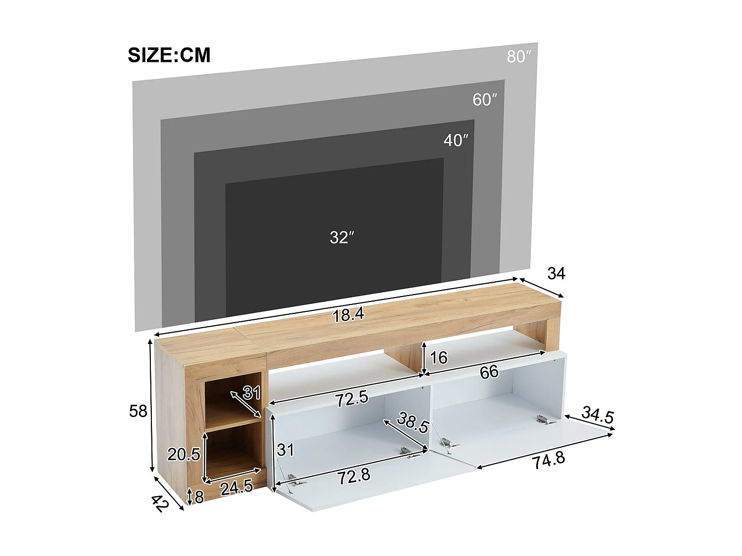 Móvel de TV moderno com LED - 2 portas e 3 compartimentos abertos - Branco e Natural