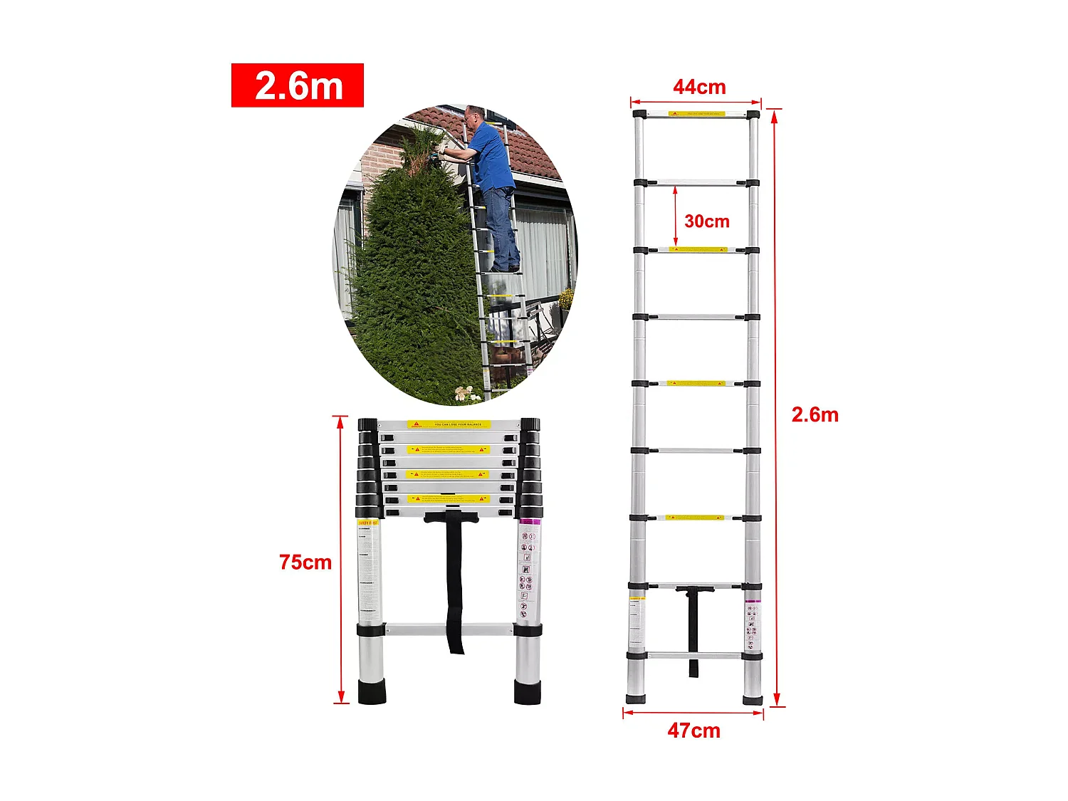 Telescopische aluminium ladder van 2,6 m - Opvouwbare opstapkruk - 9 sporten - met antislipvoeten - Maximale belasting 150 kg
