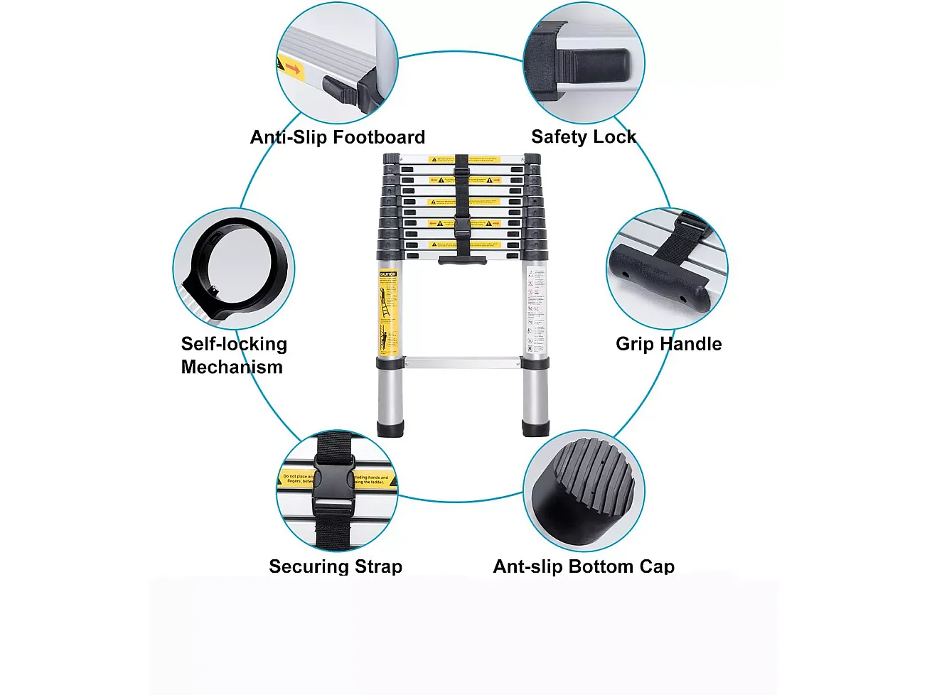 Telescopische aluminium ladder van 2,6 m - Opvouwbare opstapkruk - 9 sporten - met antislipvoeten - Maximale belasting 150 kg