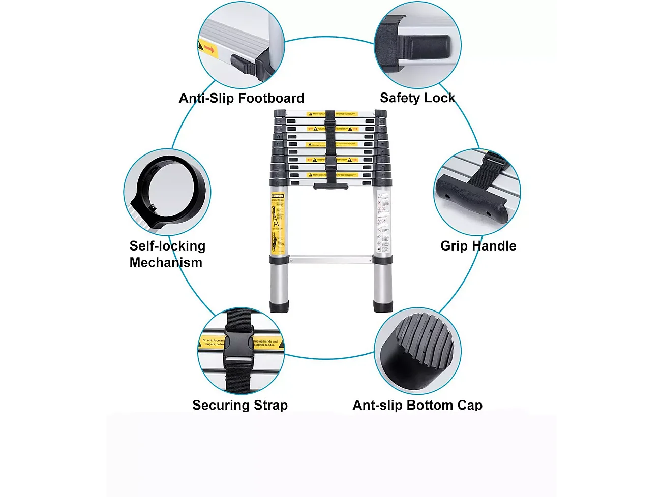 Telescopische aluminium ladder van 2,6 m - Opvouwbare opstapkruk - 9 sporten - met antislipvoeten - Maximale belasting 150 kg