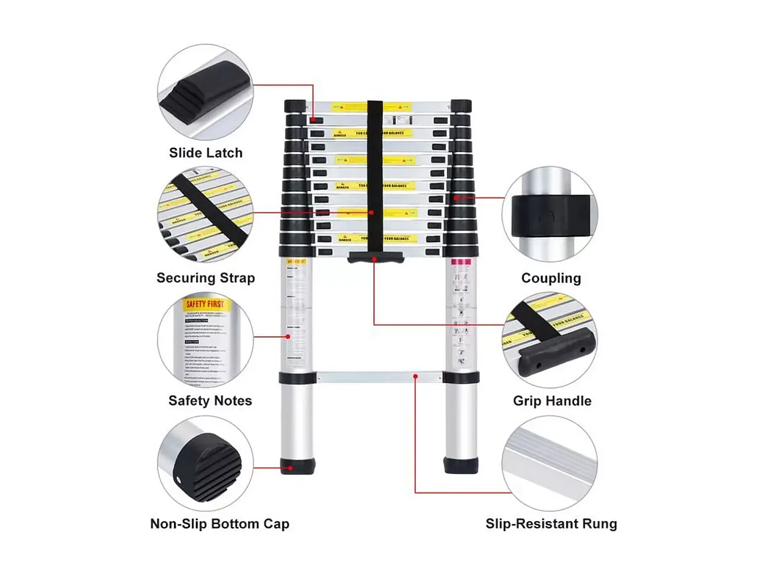 Telescopische aluminium ladder van 2,6 m - Opvouwbare opstapkruk - 9 sporten - met antislipvoeten - Maximale belasting 150 kg