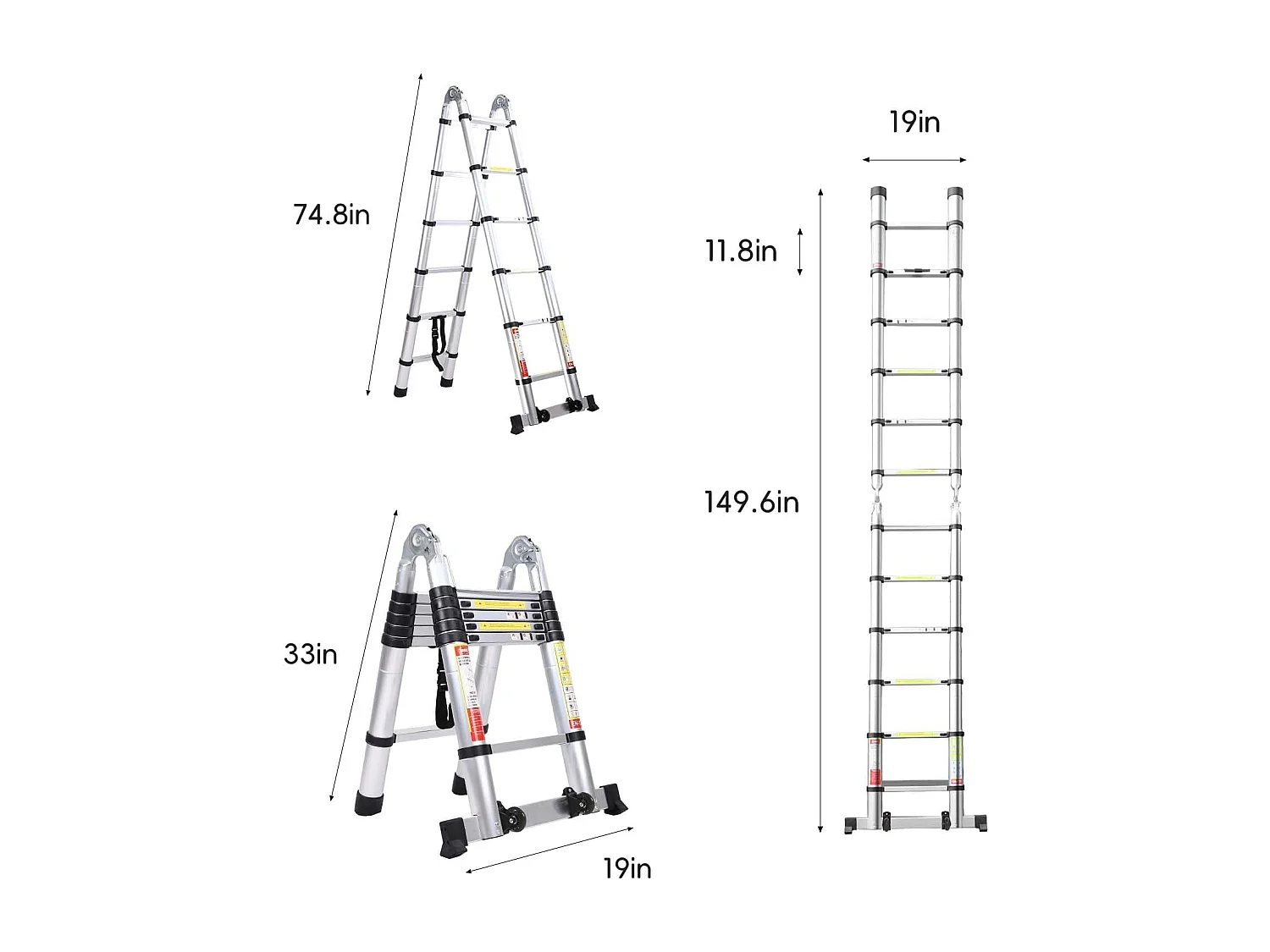 Teleskopskala, Höhe von 0,88 m bis 3,8 m, erweiterbare Aluminiumfaltskala mit Nicht -Slip -Füßen, maximale Last 150 kg